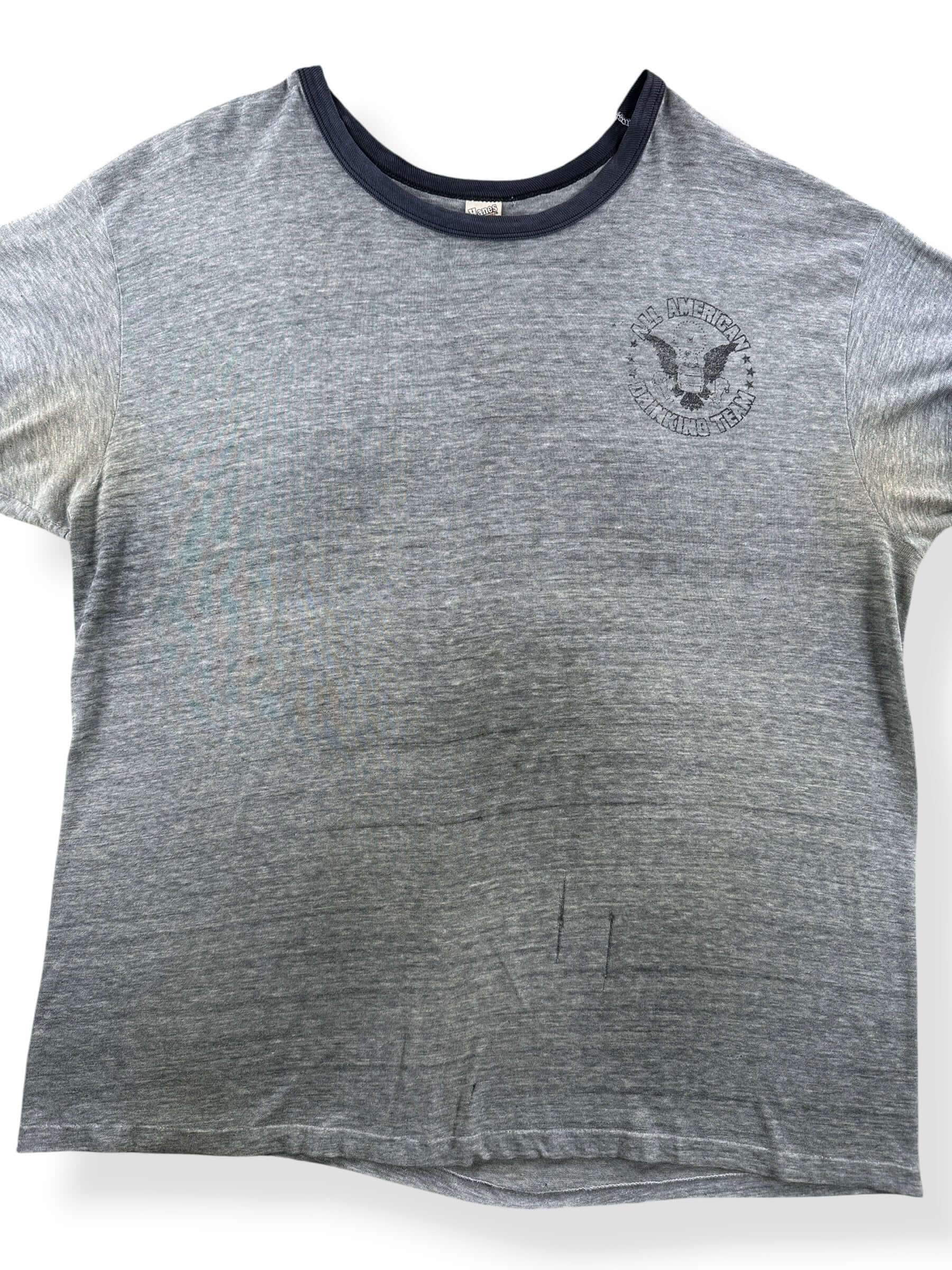 Close-up of Vintage All American Drinking Team Ringer Tee SZ XL