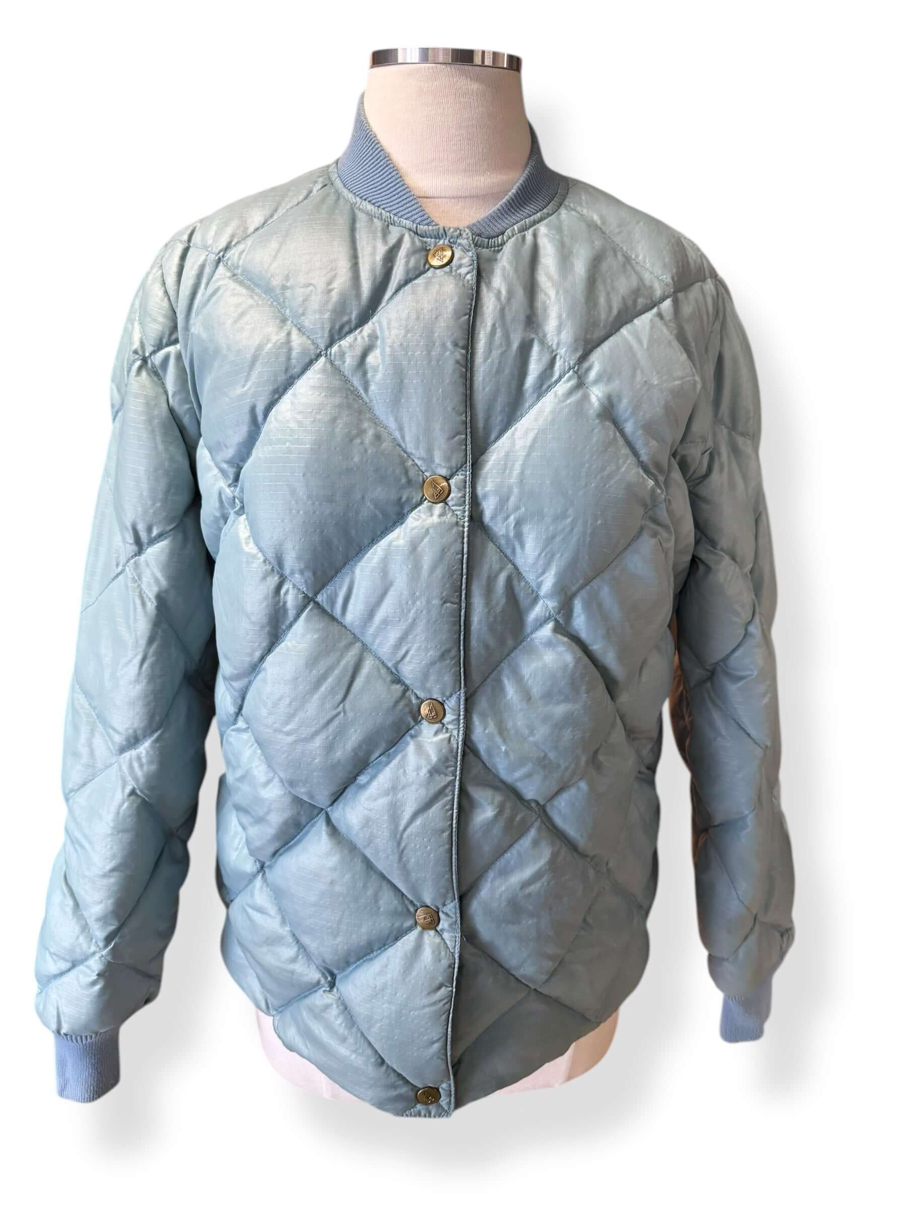 Front view of 80s Eddie Bauer Pale Blue Quilted Puffer Jacket M