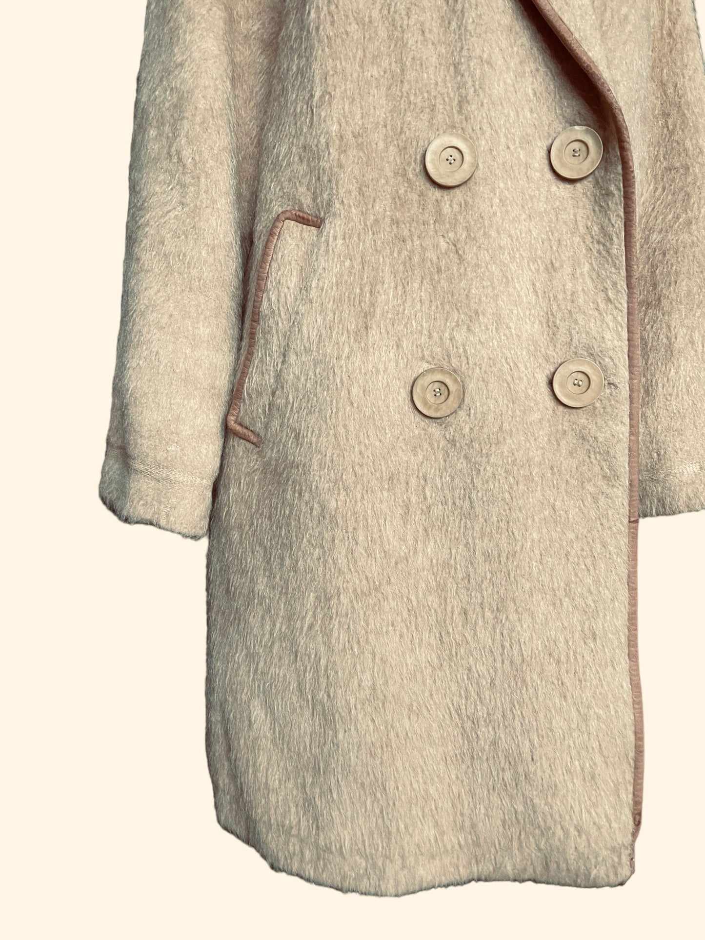 Lower front right side view of Vintage 1940s J.H.S Camel Wool Mohair Coat | Seattle True Vintage | Barn Owl Vintage Coats