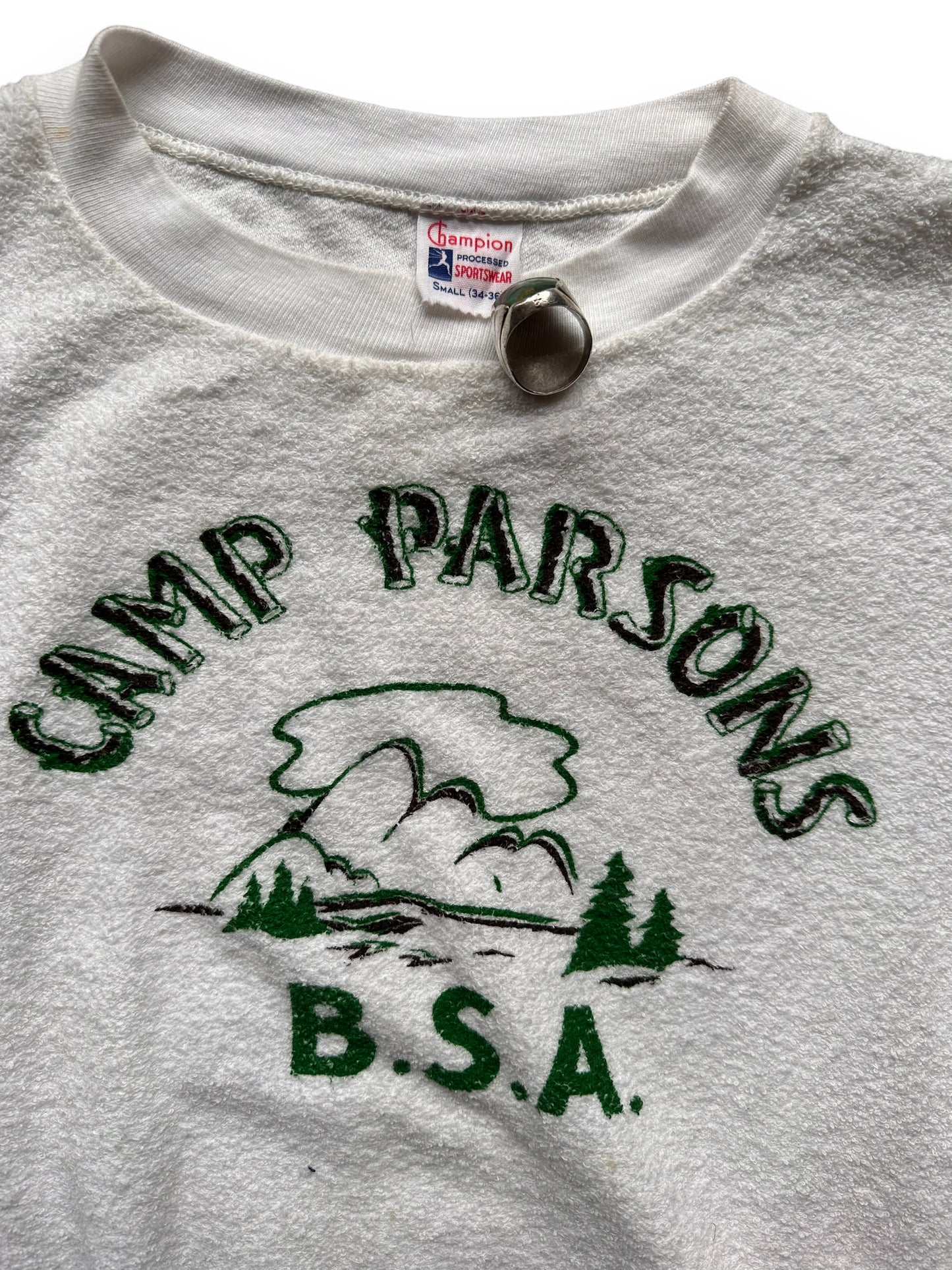 Graphic Close Up on Vintage Champion Camp Parsons BSA Camp Terry Cloth Shirt SZ SM | Vintage Boy Scout Camp Shirt | Seattle Vintage Clothing
