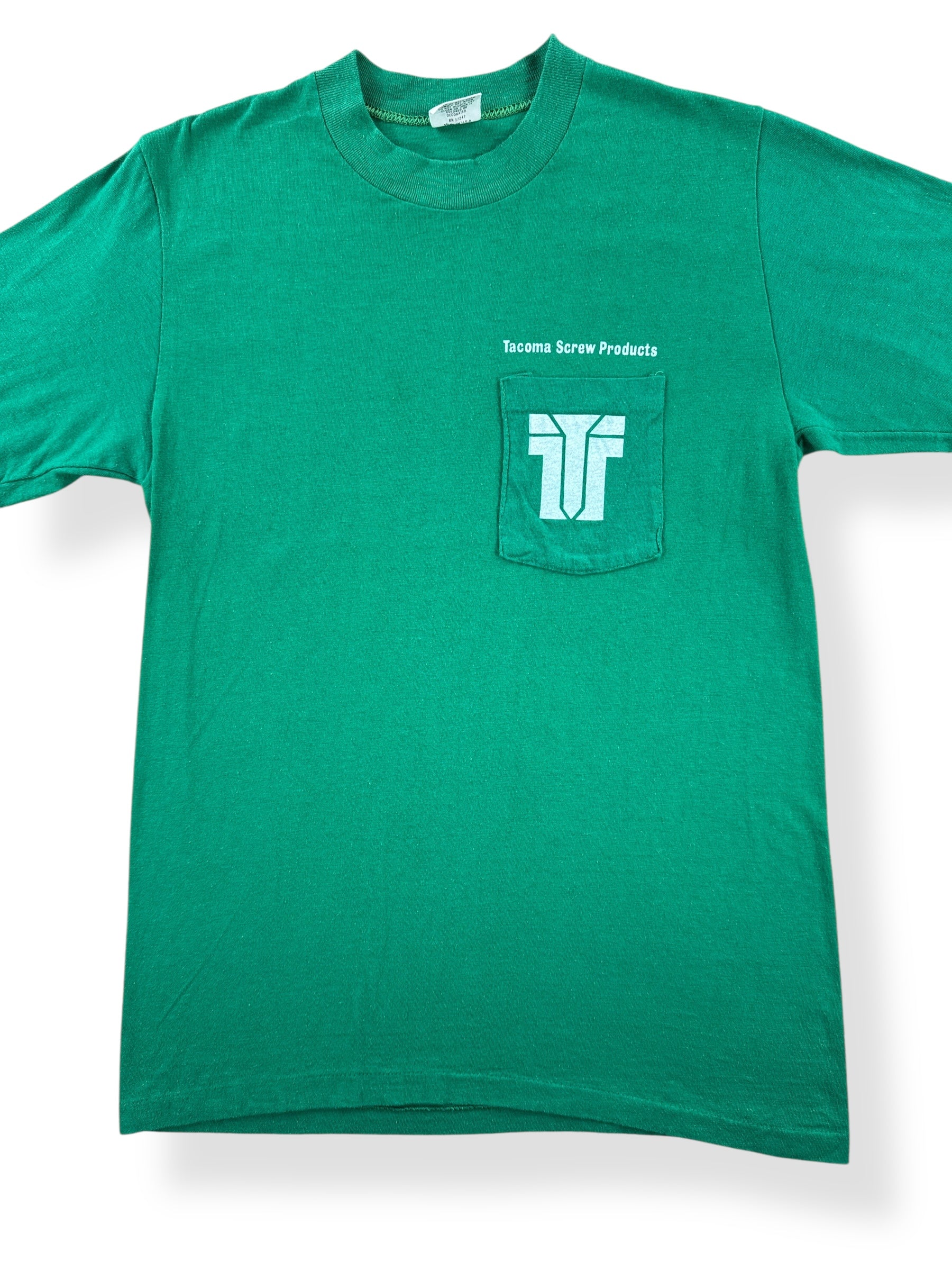 Front Close Up of Vintage Tacoma Screw Tee SZ S