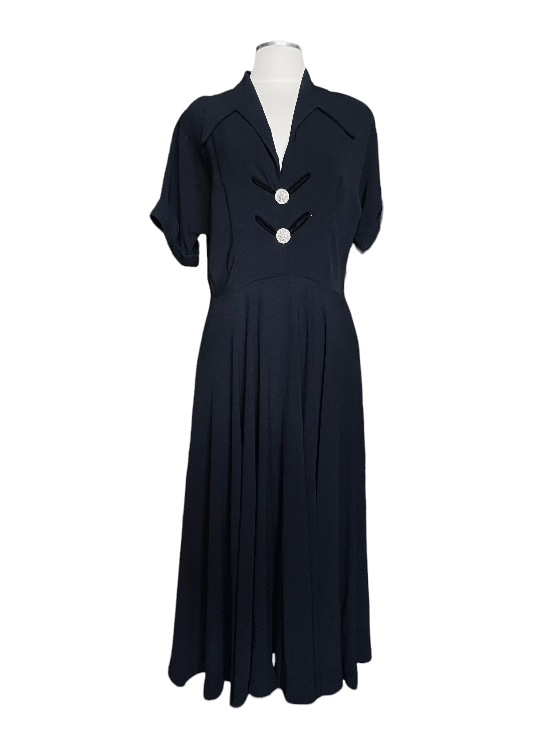 Vintage 1940s Black Rayon Dress with Sparkly Buttons | Barn Owl Vintage