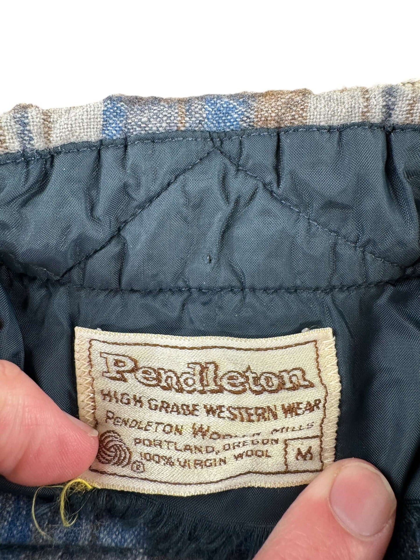 Label on Vintage 70s Era Pendleton Pearl Snap Flannel SZ M AS IS