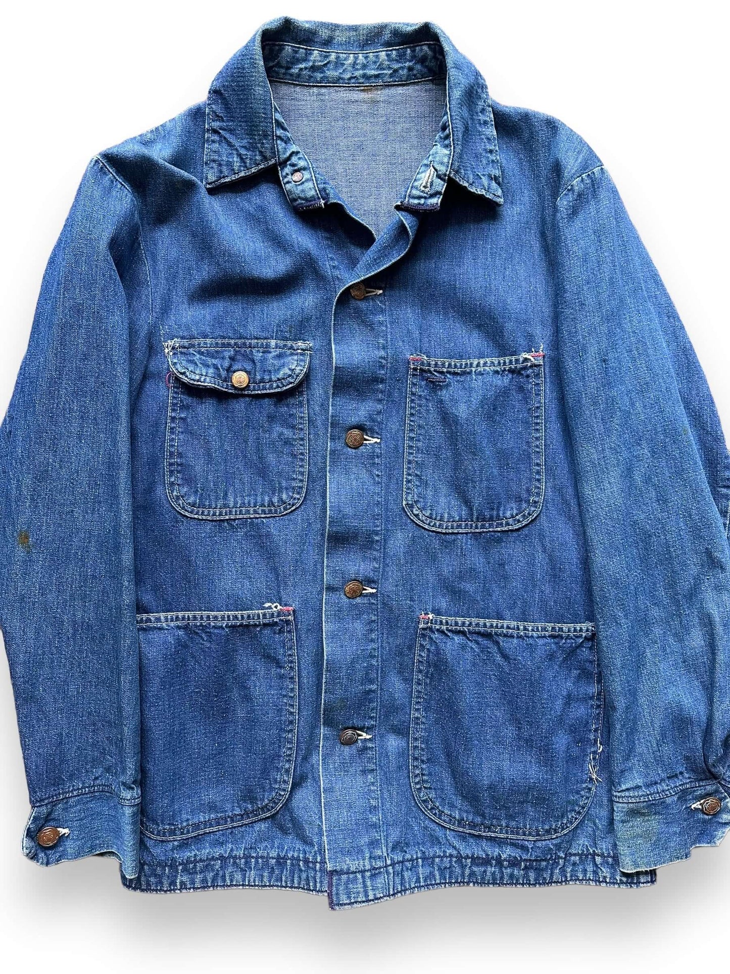 Front Close Up on Vintage Blue Bell Denim Chore Coat SZ SM | Vintage Denim Chore Coat