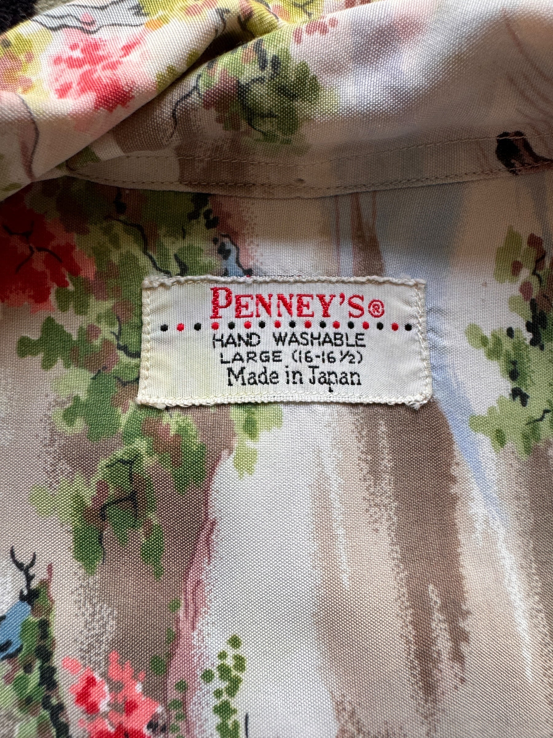 tag on Vintage Penney's Made in Japan Watermill Design Aloha Shirt SZ L