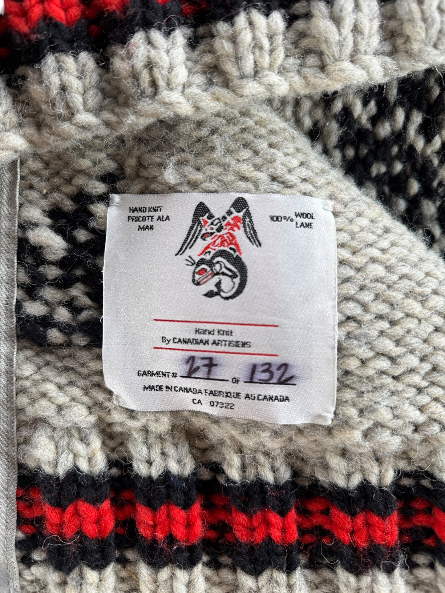 Limited number tag on Filson Limited Edition Thunderbird Cowichan Style Sweater SZ M