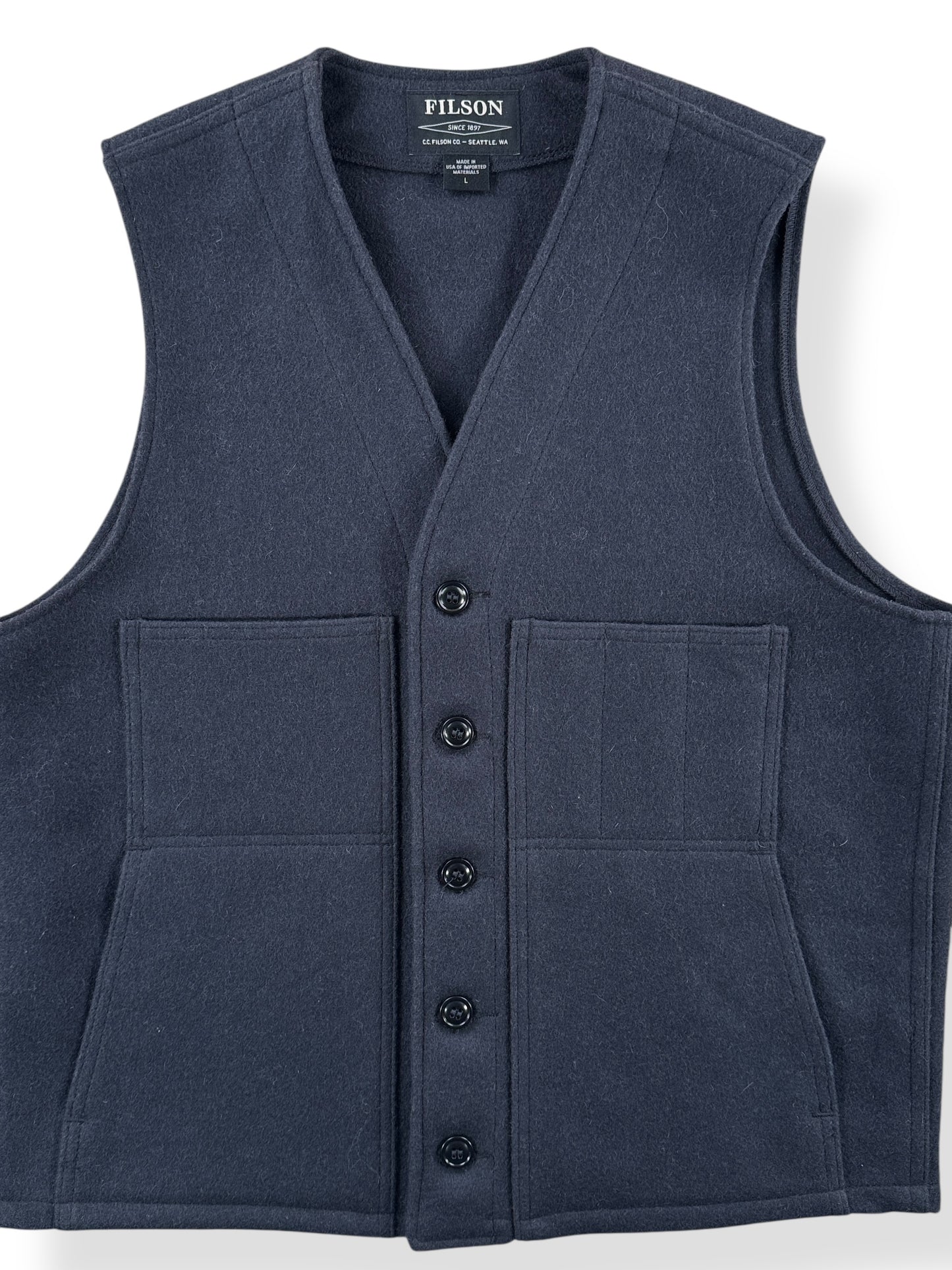 Front Close Up of Filson Navy Wool Vest SZ L