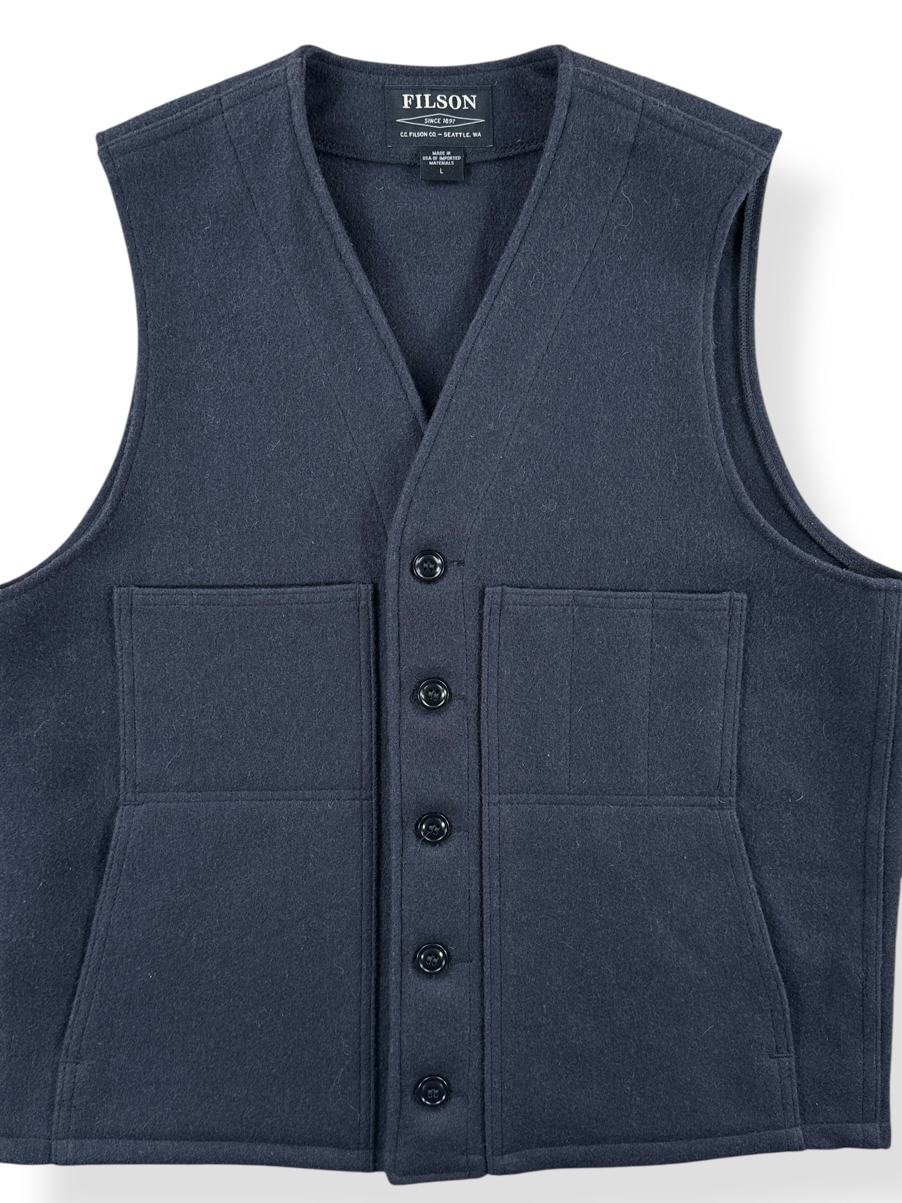 Front Close Up of Filson Navy Wool Vest SZ L