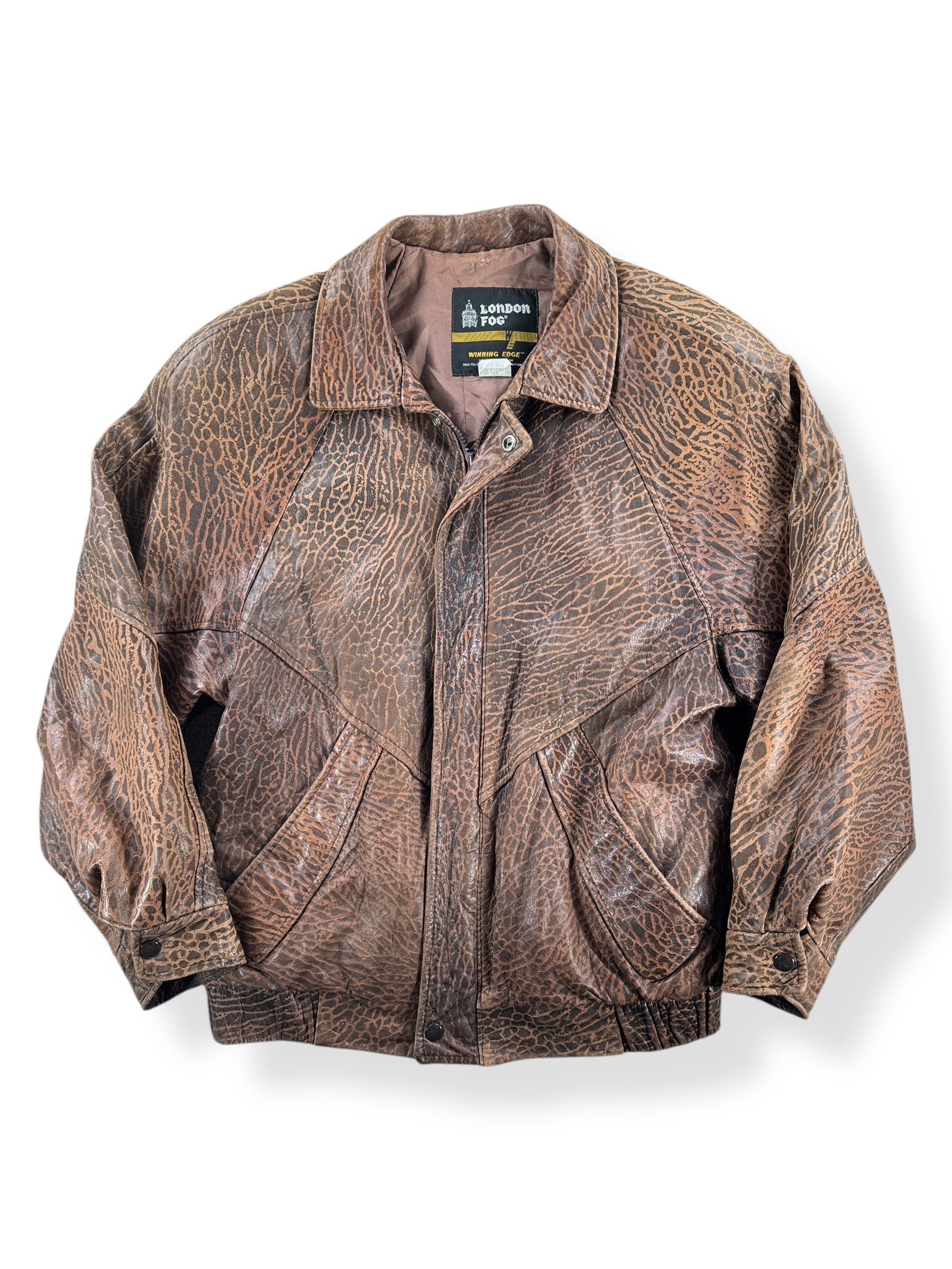 s*a様 90s London fog 襟レザー wool bomber jkt Vintage London Fog Elephant Patterned Leather Bomber Jacket