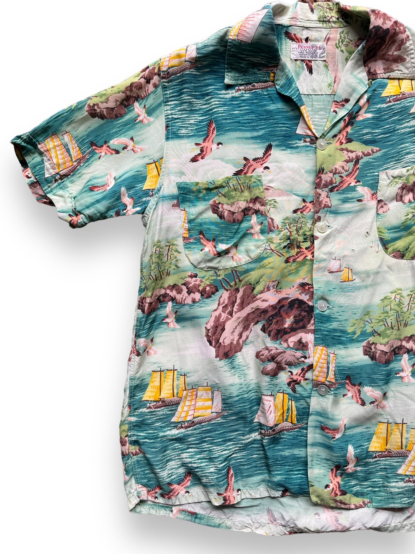 Vintage Made in Japan Boats and Birds Motif Penney's Aloha Shirt SZ M