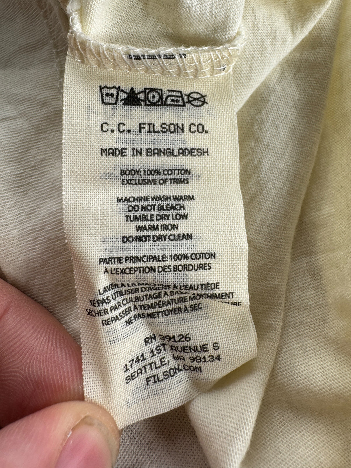 Care tag on Filson Modest Mouse Tee SZ M