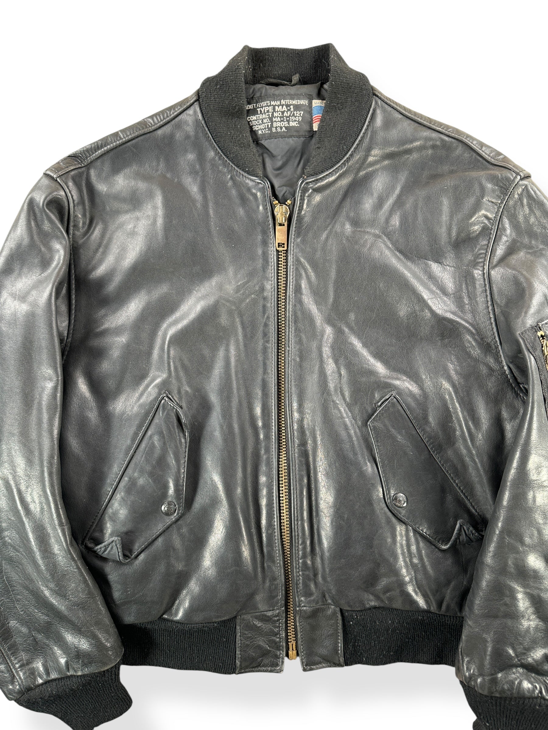 Front Close Up of Vintage Schott Leather MA-1 Jacket SZ 46