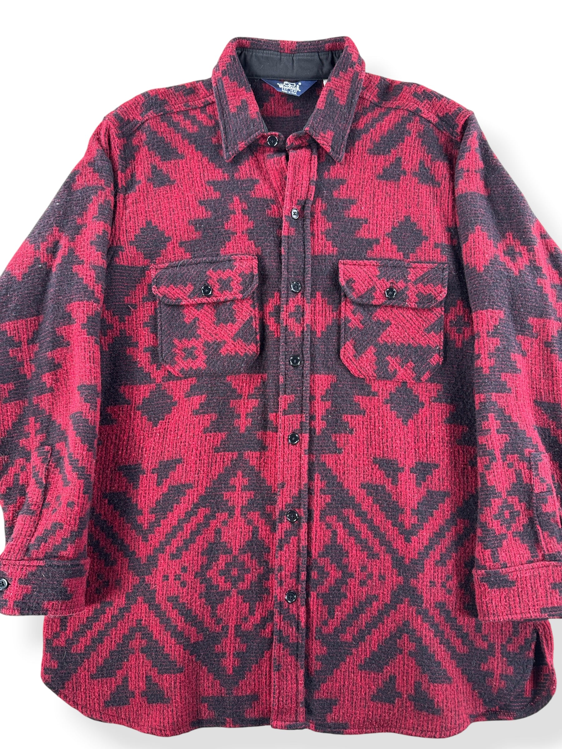 Front Close Up of Vintage Woolrich Western Print Wool Flannel SZ XL