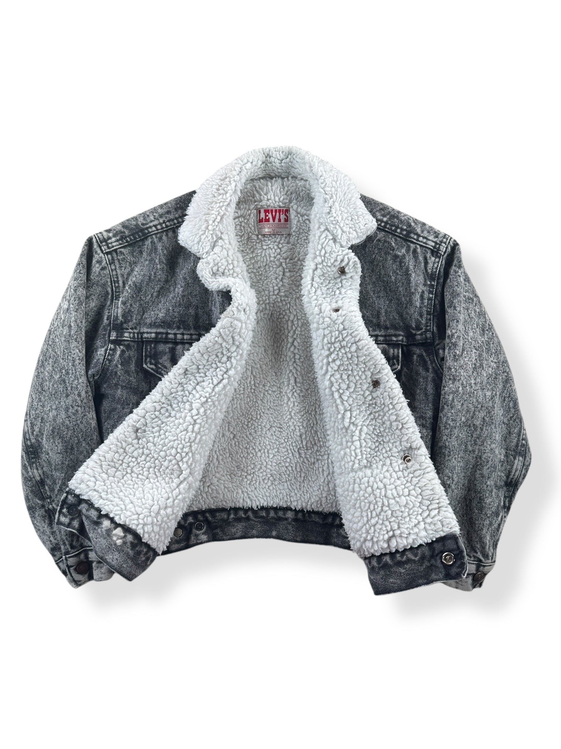 Front Close Up of Vintage Levis Grey Acid Wash Shearling Jacket SZ M (Fits S)