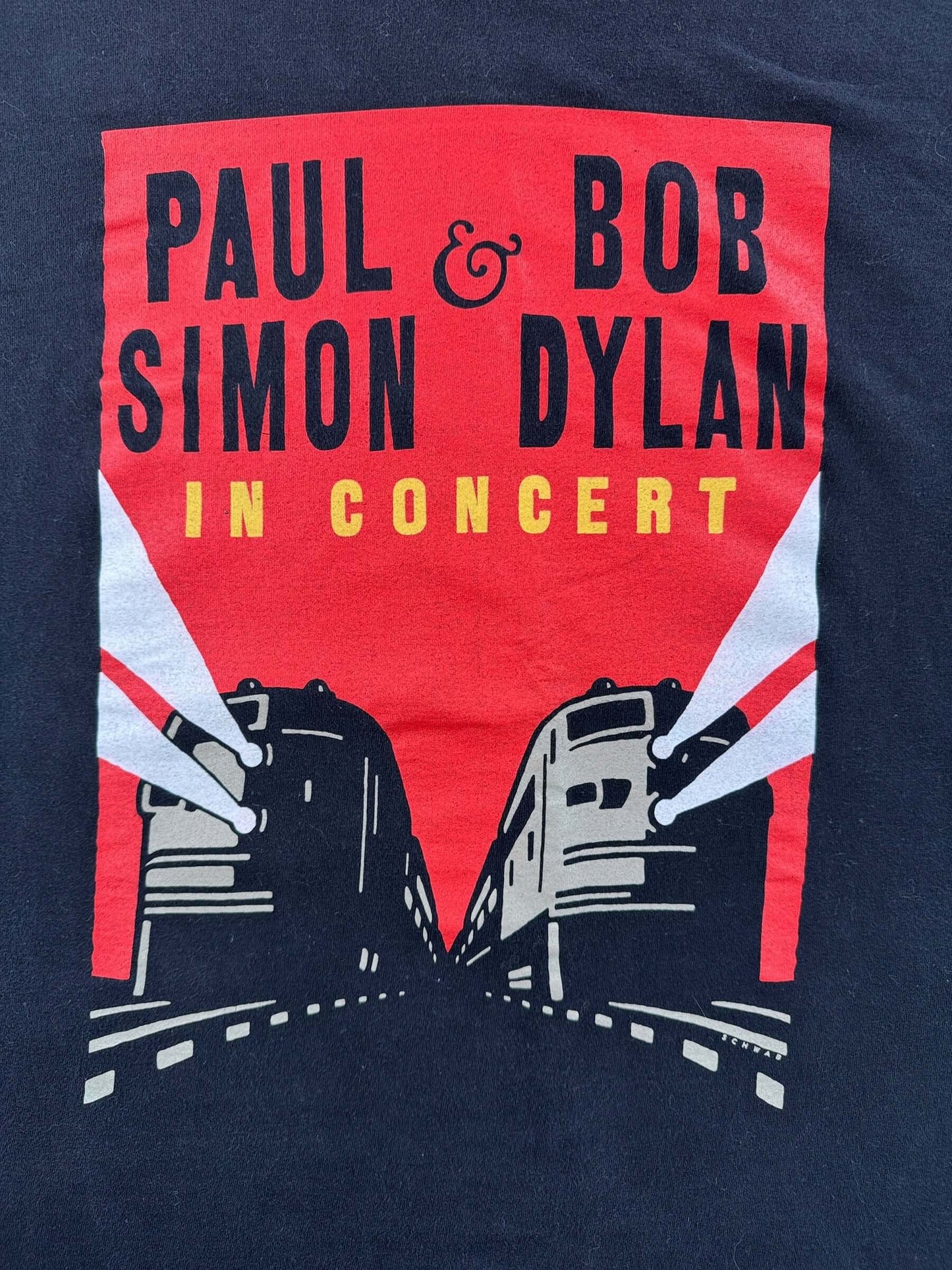 Front graphic on Vintage Bob Dylan Paul Simon 1999 Tour Tee SZ L