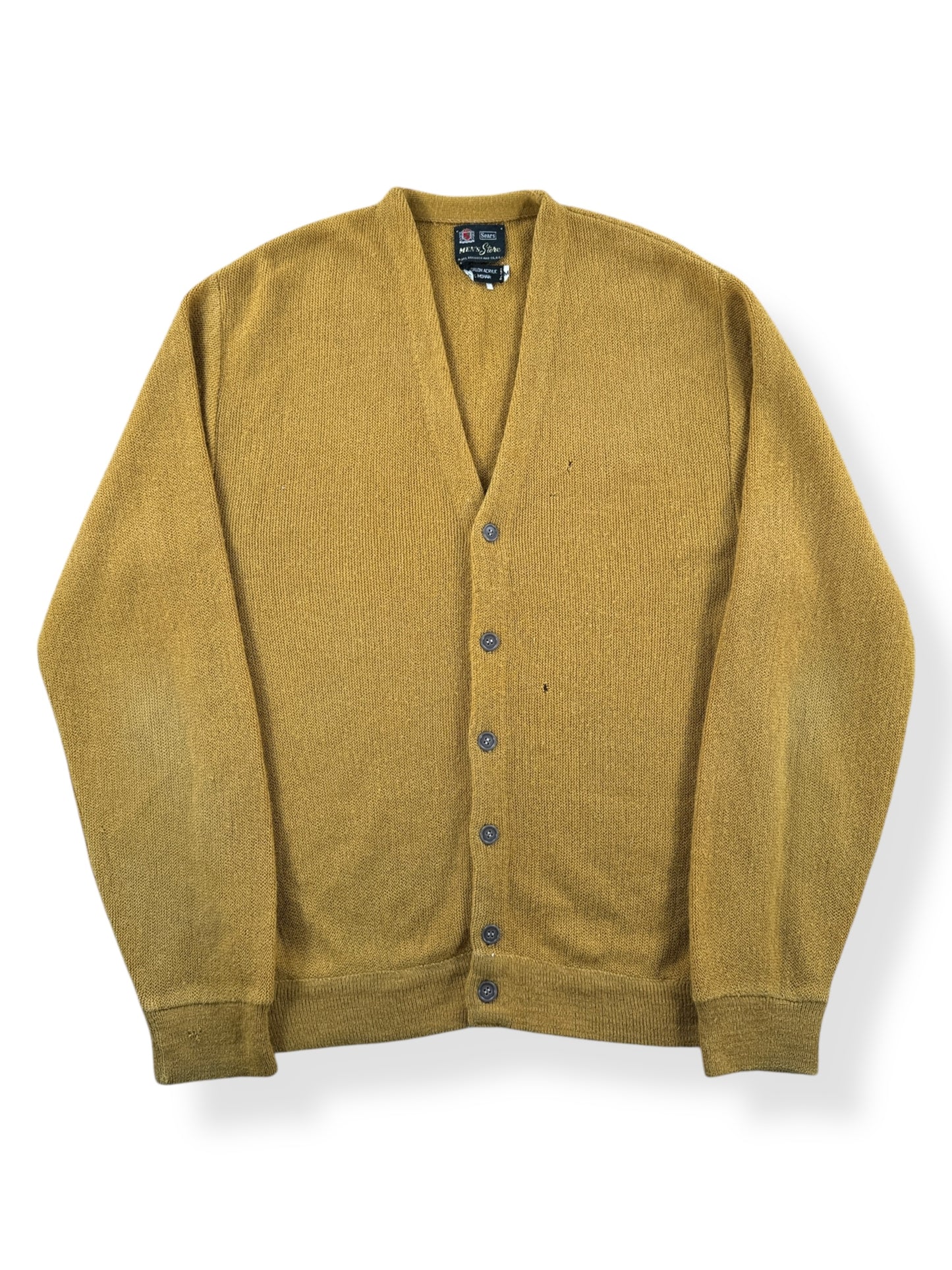 Front of Vintage Sear's Men Store Gold Mohair Cardigan SZ M AS IS