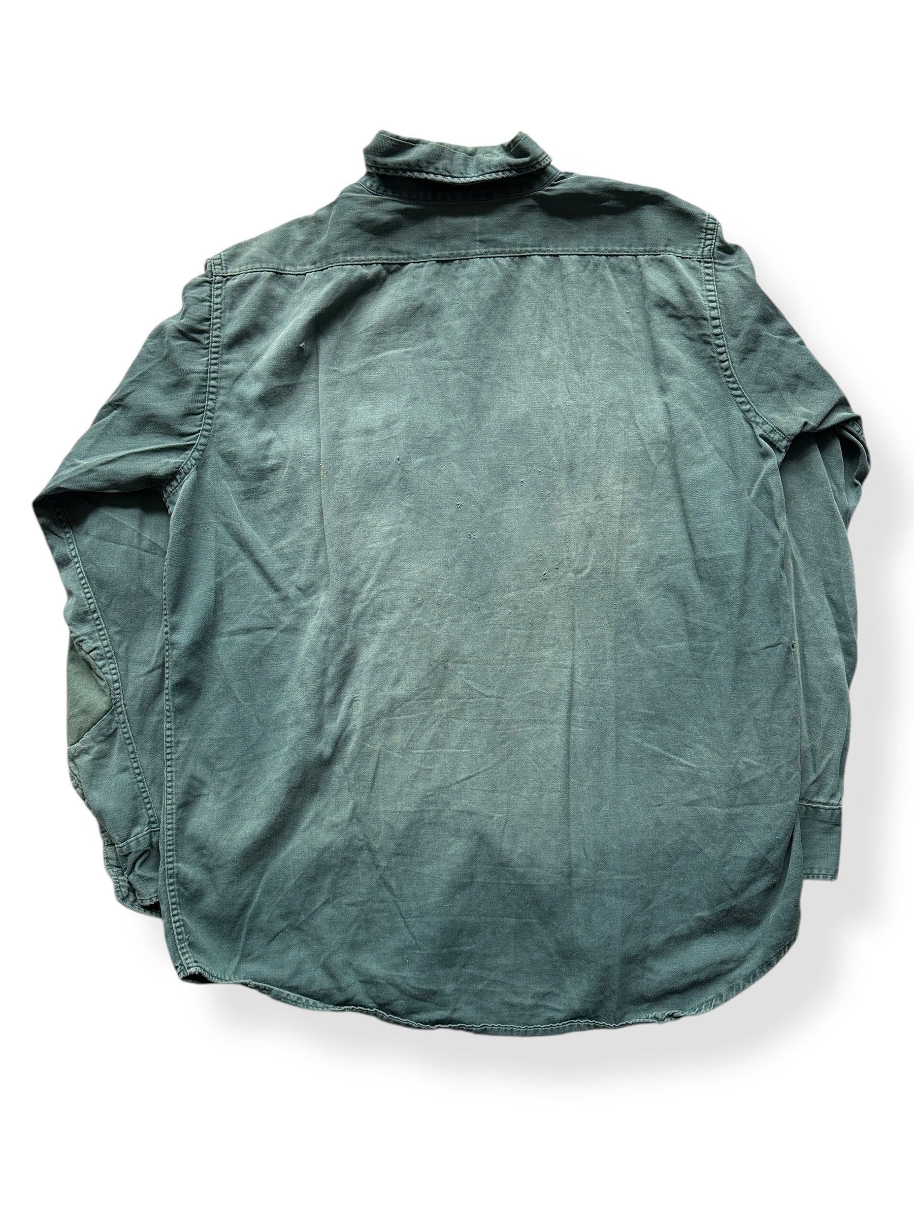 Back of Vintage Thrashed & Repaired Sanforized Green Work Shirt SZ L