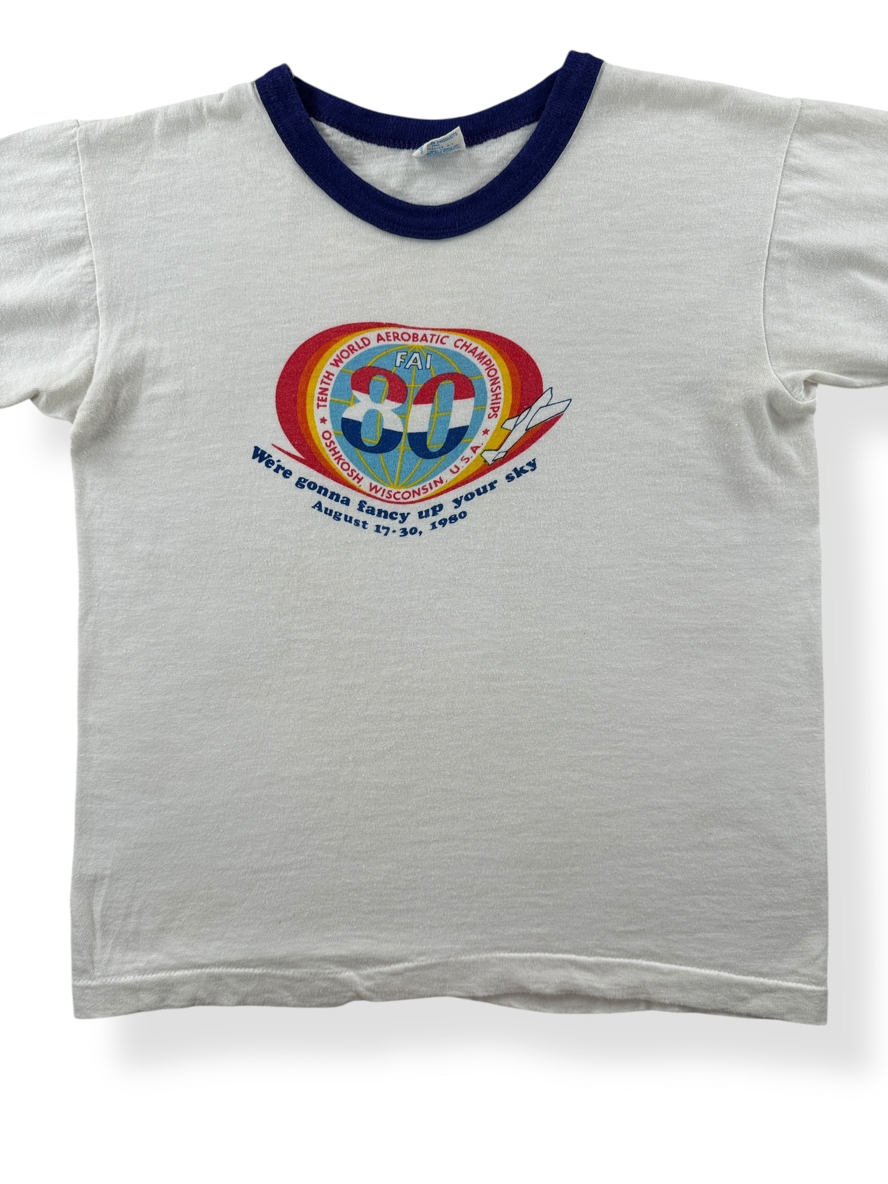 Front Close Up of Vintage 1980 Kids Aerobatic Ringer Tee SZ XS