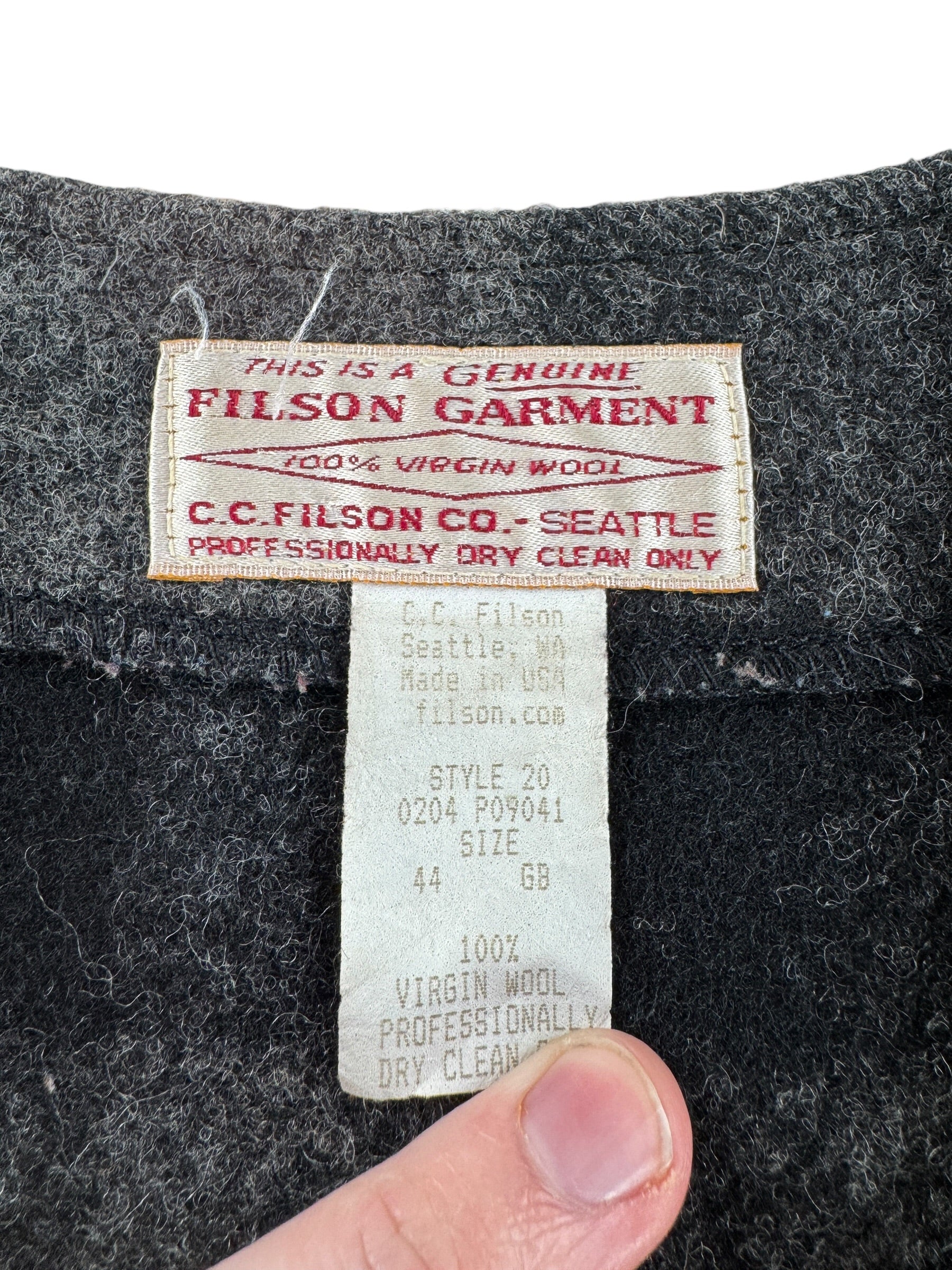 Tag on Vintage Filson Black & Grey Style 20 Wool Vest SZ 44