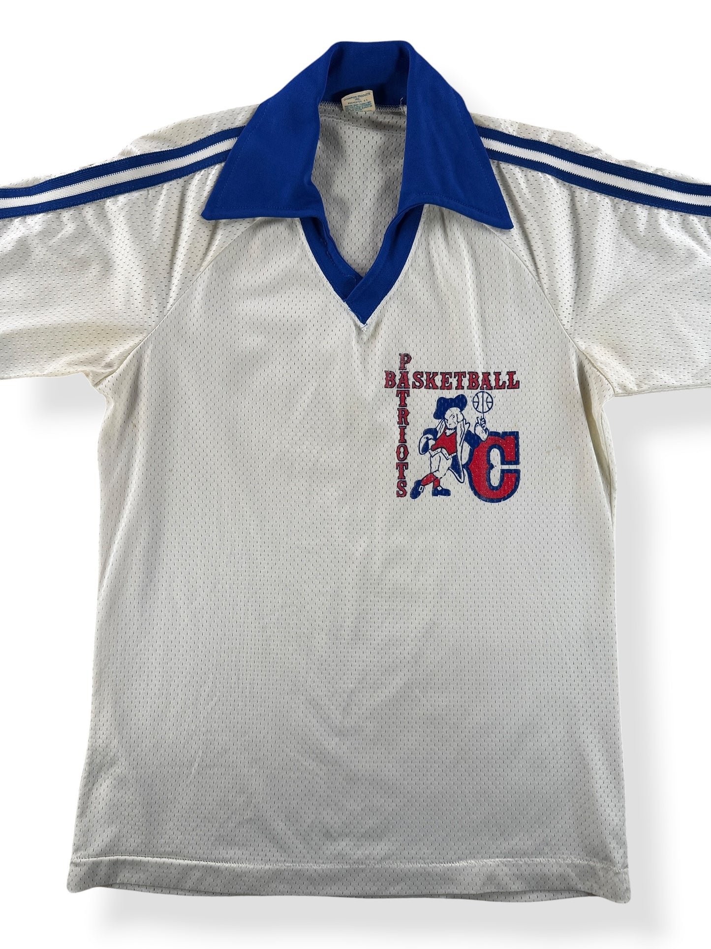 Front Close Up of Vintage Champion Blue Bar Patriots Basketball Jersey SZ M