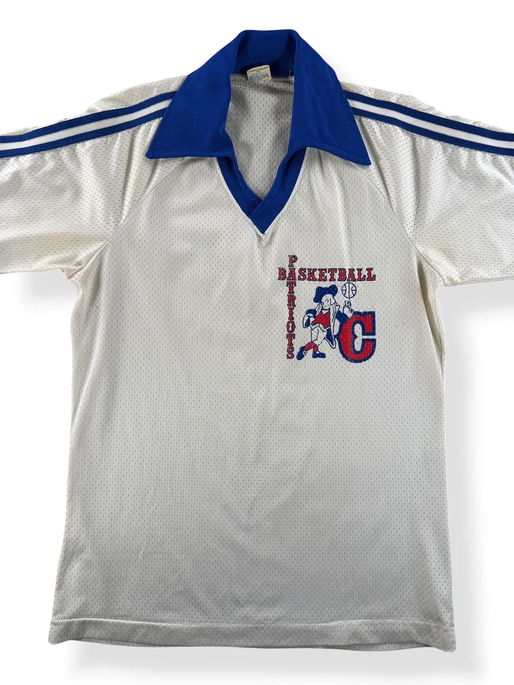 Front Close Up of Vintage Champion Blue Bar Patriots Basketball Jersey SZ M