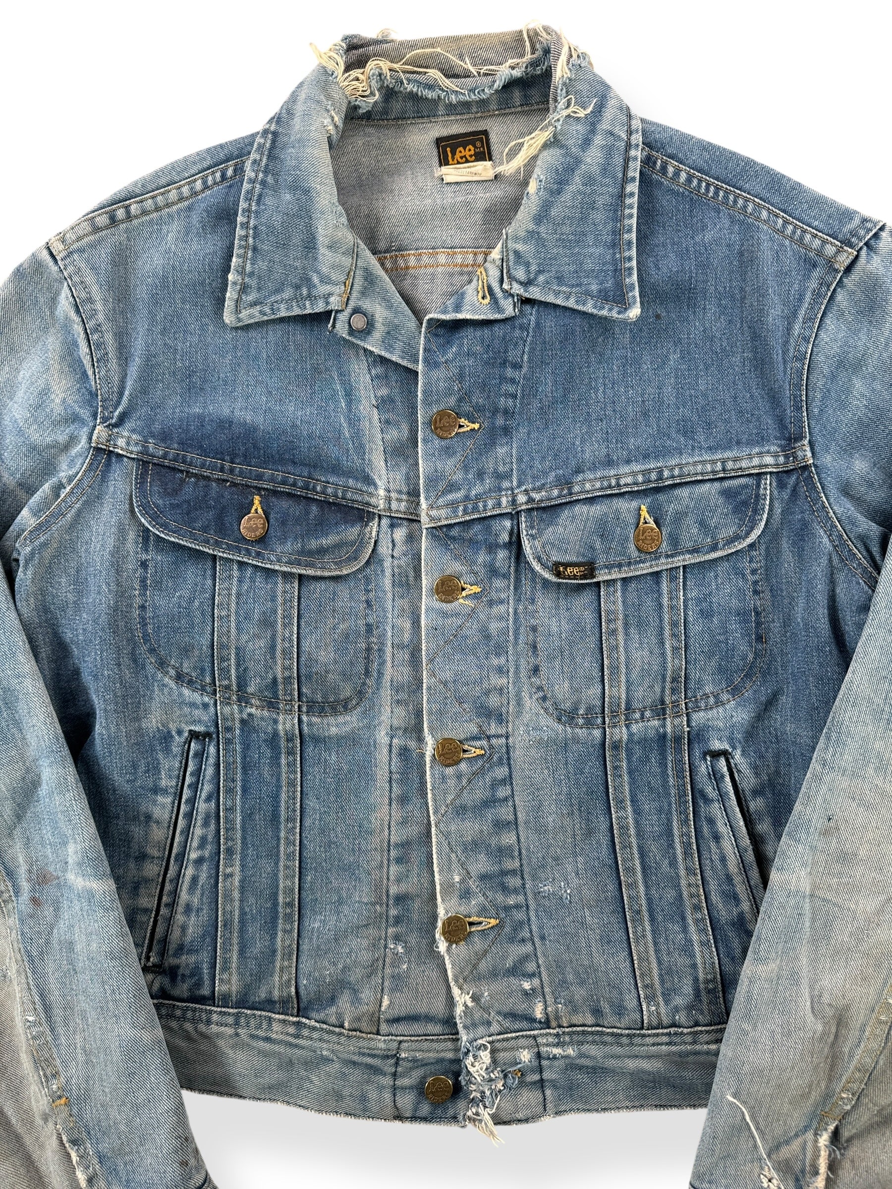 Front Close Up of 80s Lee 101-J Distressed Jacket SZ 44 Long