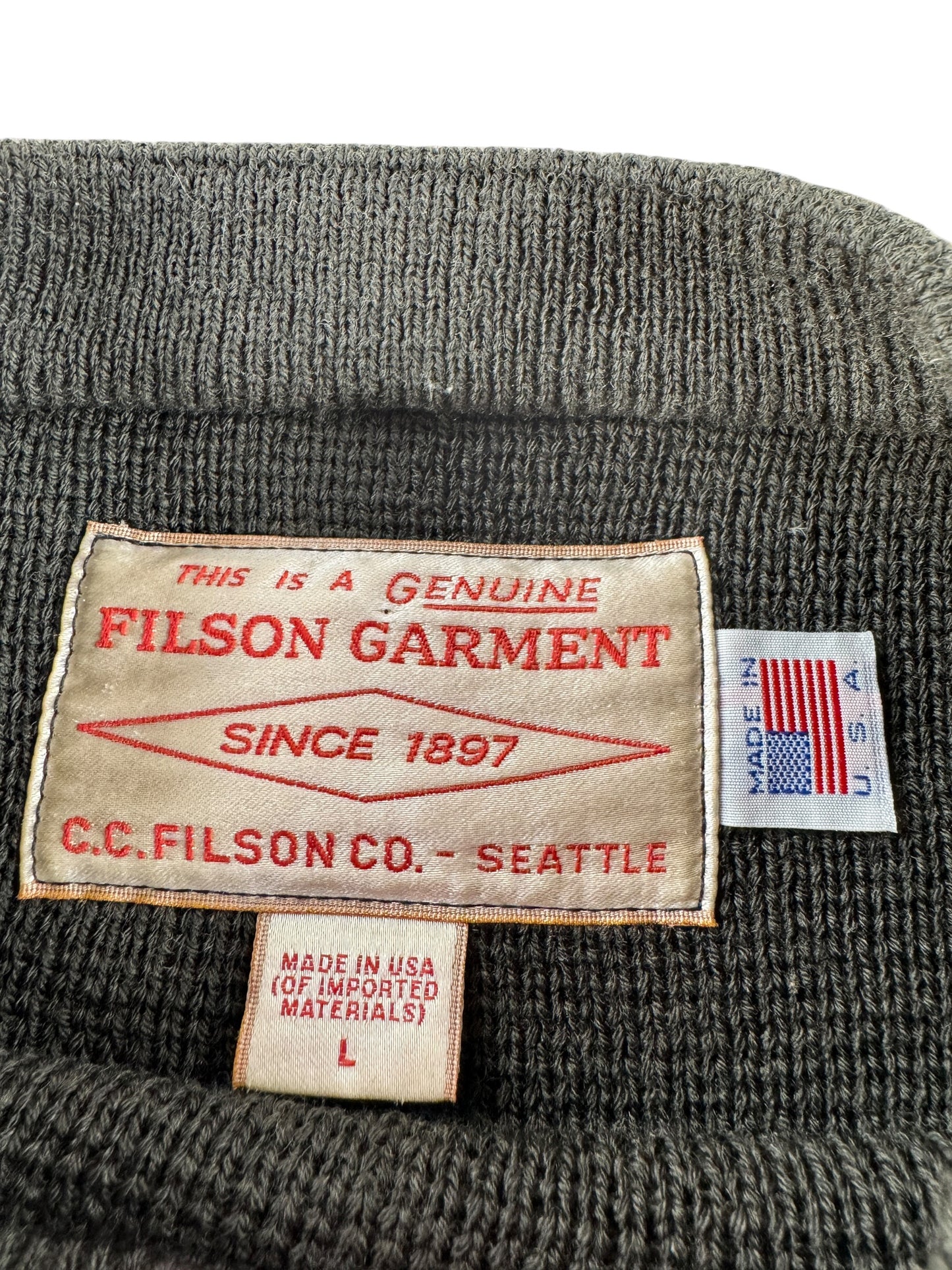 Label on Filson Dark Timber Crewneck Guide Sweater SZ L