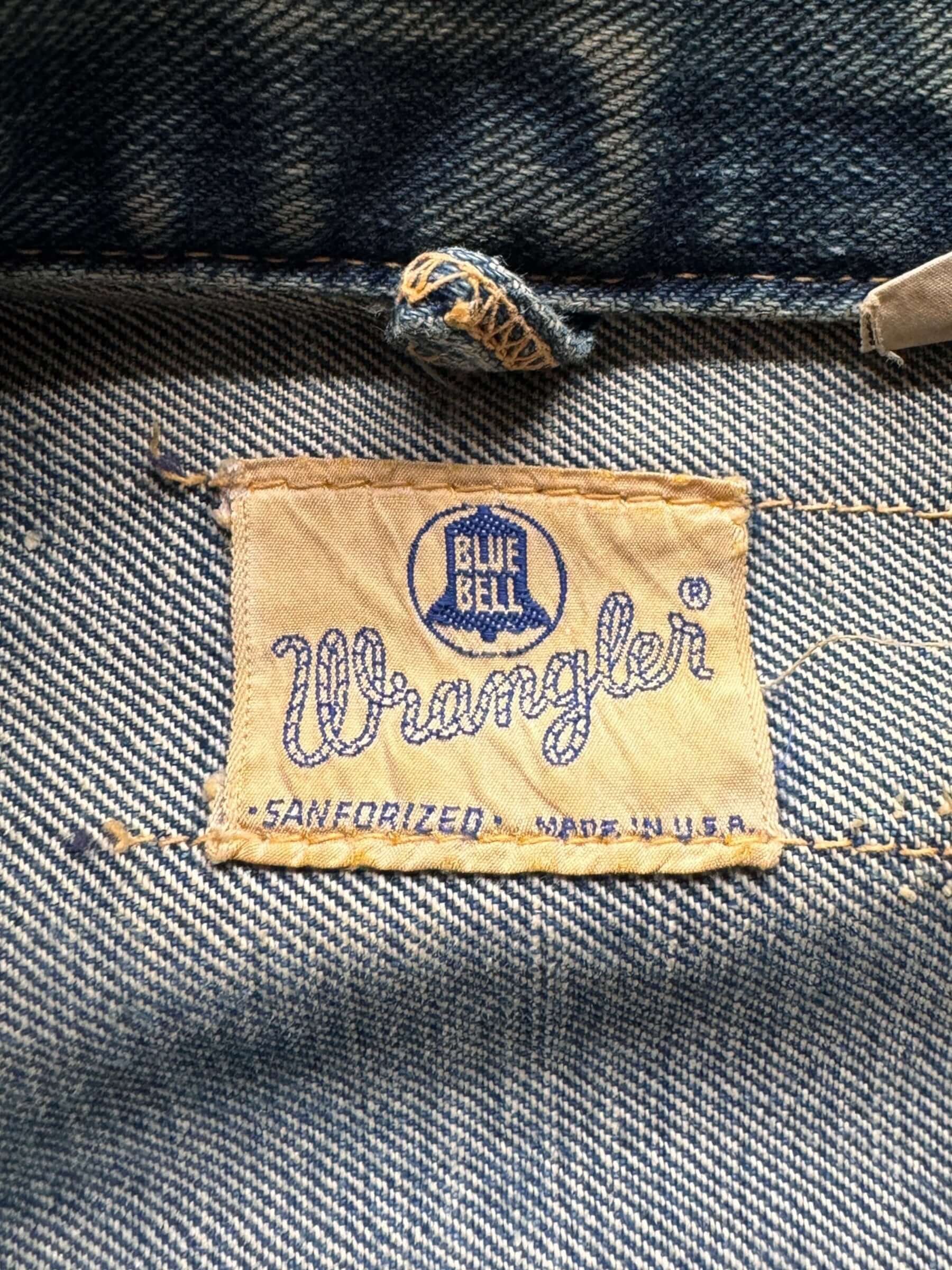 tag on Vintage Distressed Wrangler Blue Bell 124MJ Denim Jacket SZ 42