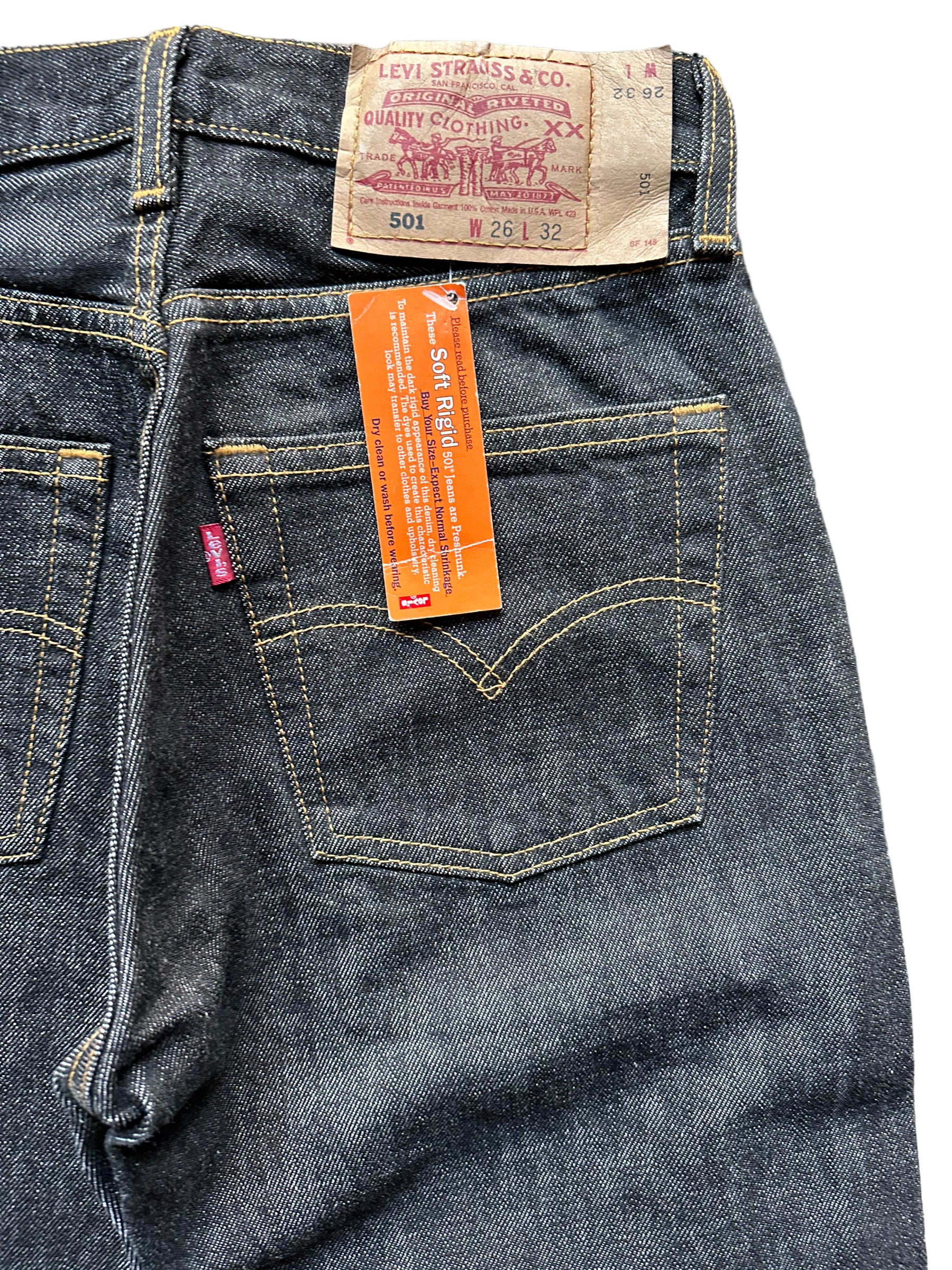 Back right pocket view of Deadstock 90s USA Levi's 501 Black Jeans 26x33 | Seattle Deadstock Vintage Jeans | Barn Owl Vintage Denim