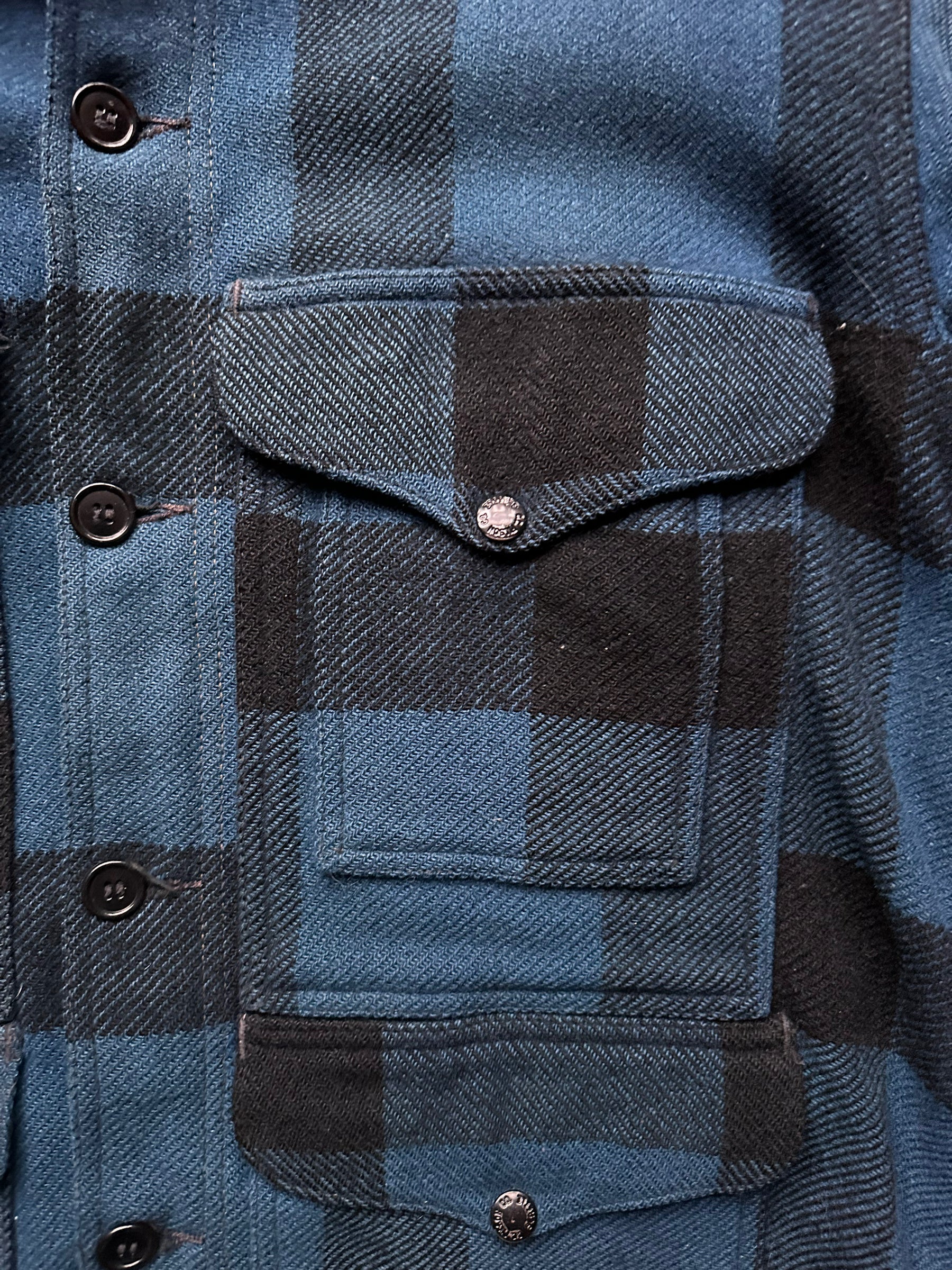 Debossed Snaps on Vintage Union Made Filson Cobalt Blue & Black All Use Coat SZ 46  |  Vintage Filson Workwear Seattle | Barn Owl Vintage Seattle