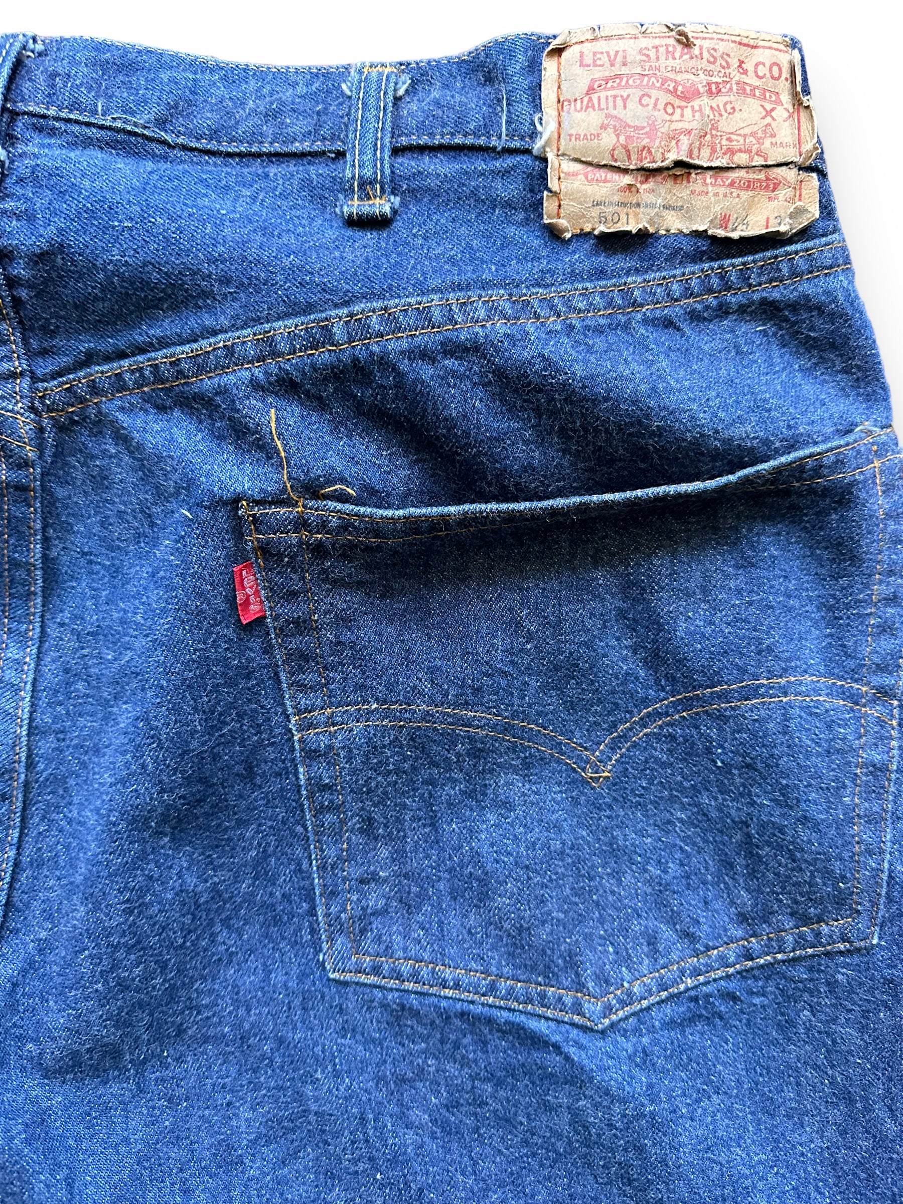 Rear Pocket/Tag View of Vintage Double Stitch Levi's 501 Redlines W41 | Vintage Selvedge Denim Seattle | Barn Owl Vintage Workwear