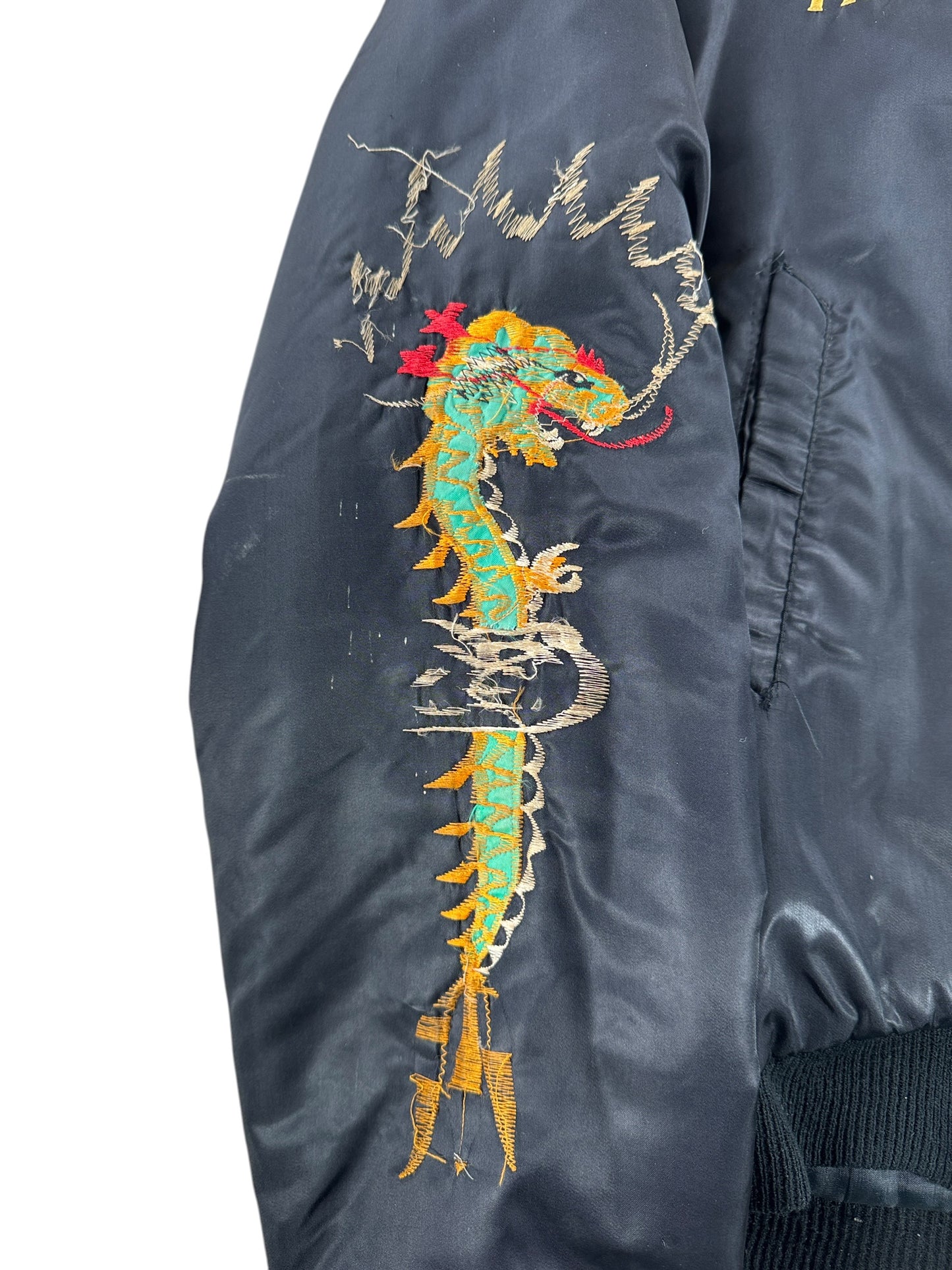 Close-up of embroidery on right arm on Vintage '78 Korea 'Troy' Souvenir Jacket SZ L - AS IS
