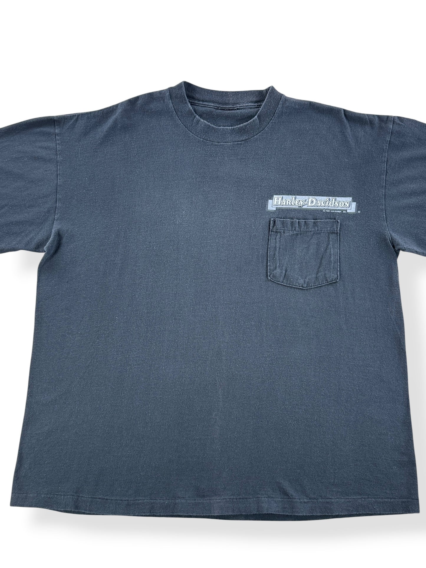 Front Close Up of Vintage Harley Davidson of Tacoma Single Stitch Pocket Tee SZ XL