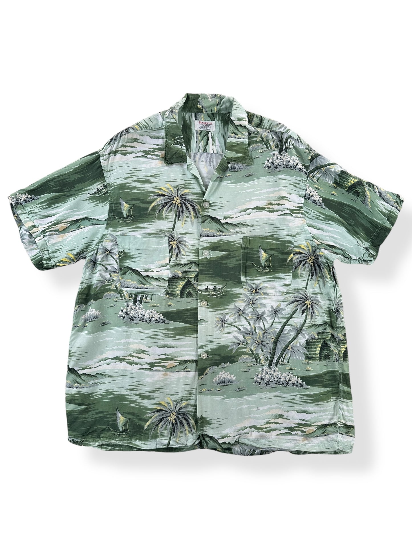 Front of Vintage Penney's Green Themed Rayon Aloha Shirt SZ XL