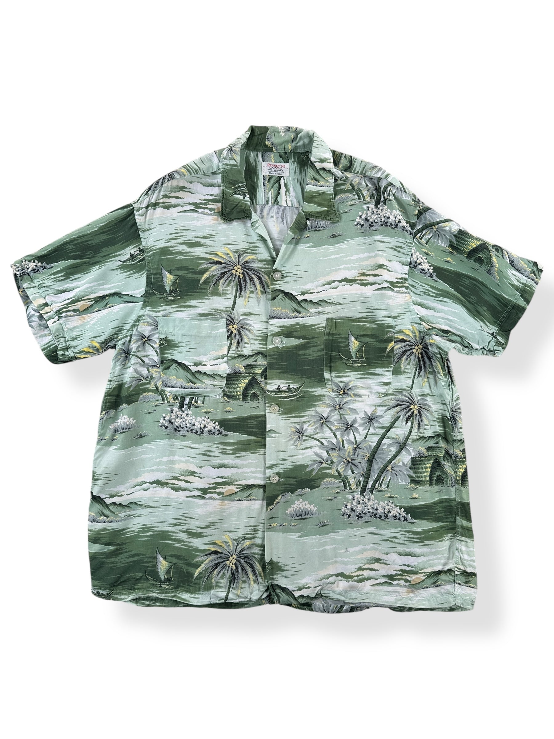 Front of Vintage Penney's Green Themed Rayon Aloha Shirt SZ XL