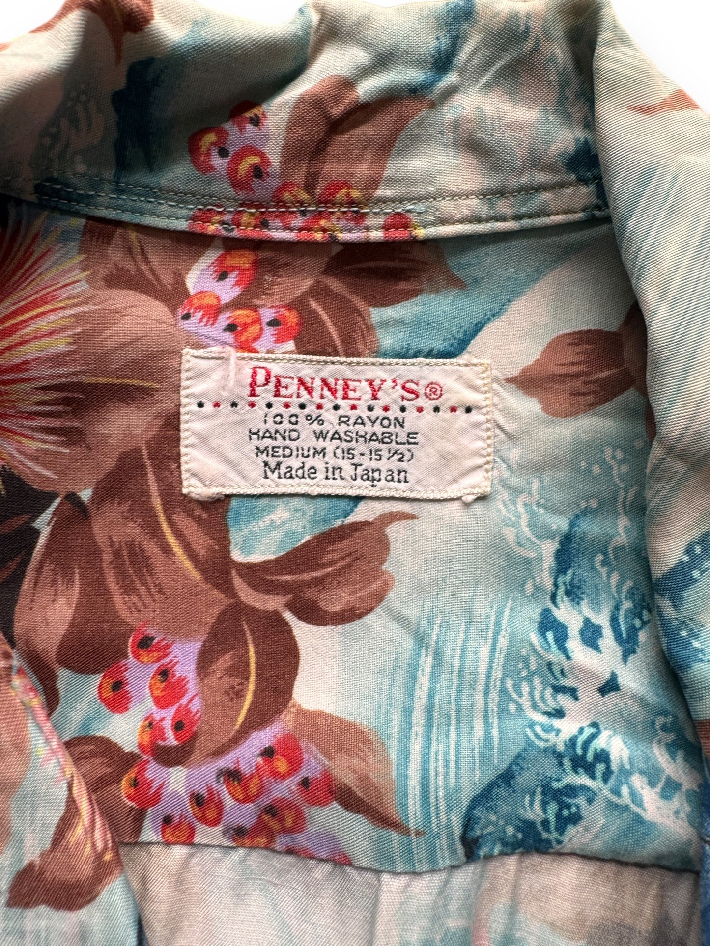 tag on Vintage Made in Japan Blue/Pink Floral Penney's Aloha Shirt w/ Repairs SZ M