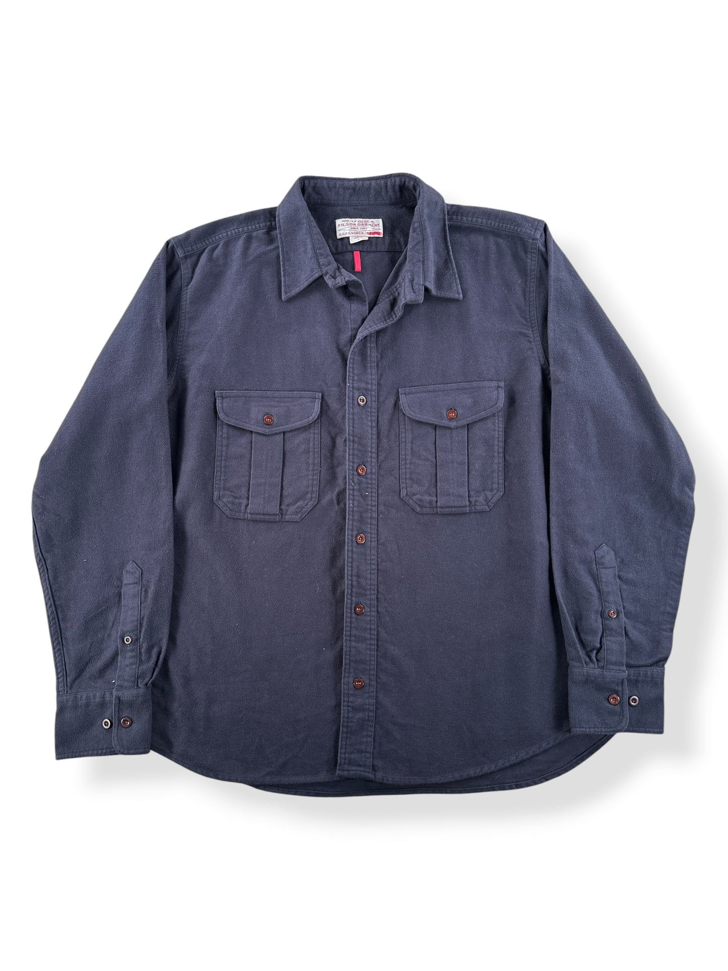 Front of Filson Navy Moleskin Seattle Shirt SZ L - AS IS