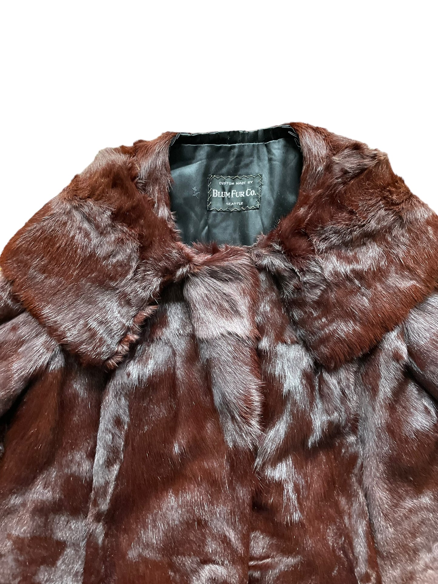 Collar and tag view of 1940s Custom Made Blum Fur Co. Cropped Coat SZ M-L | Seattle True Vintage | Barn Owl Vintage Coats