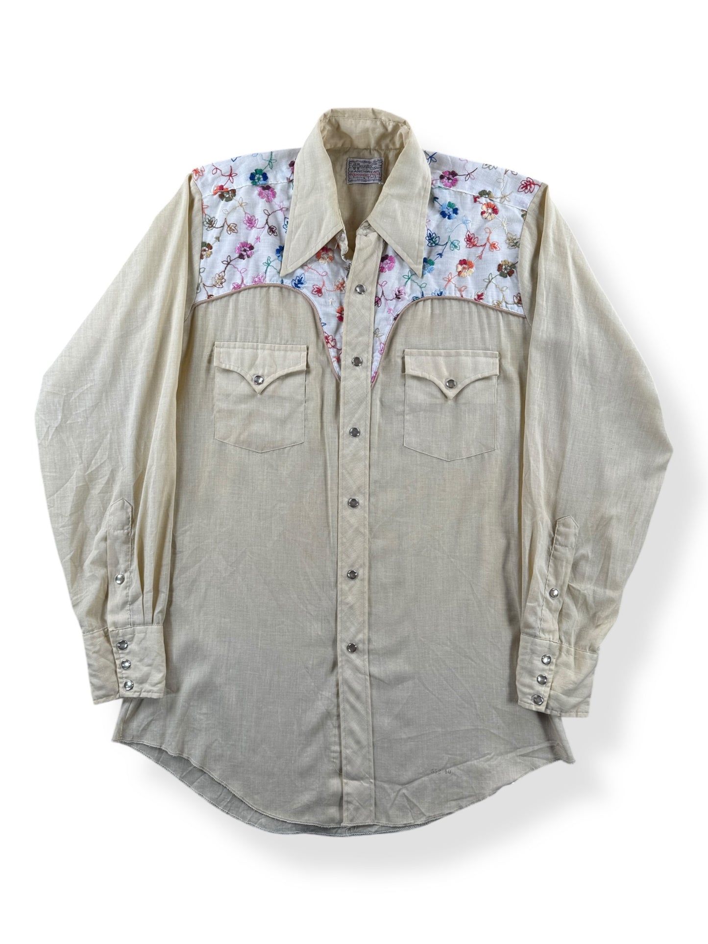 Front of Vintage H Bar C Floral Embroidered Pearl Snap Shirt SZ M