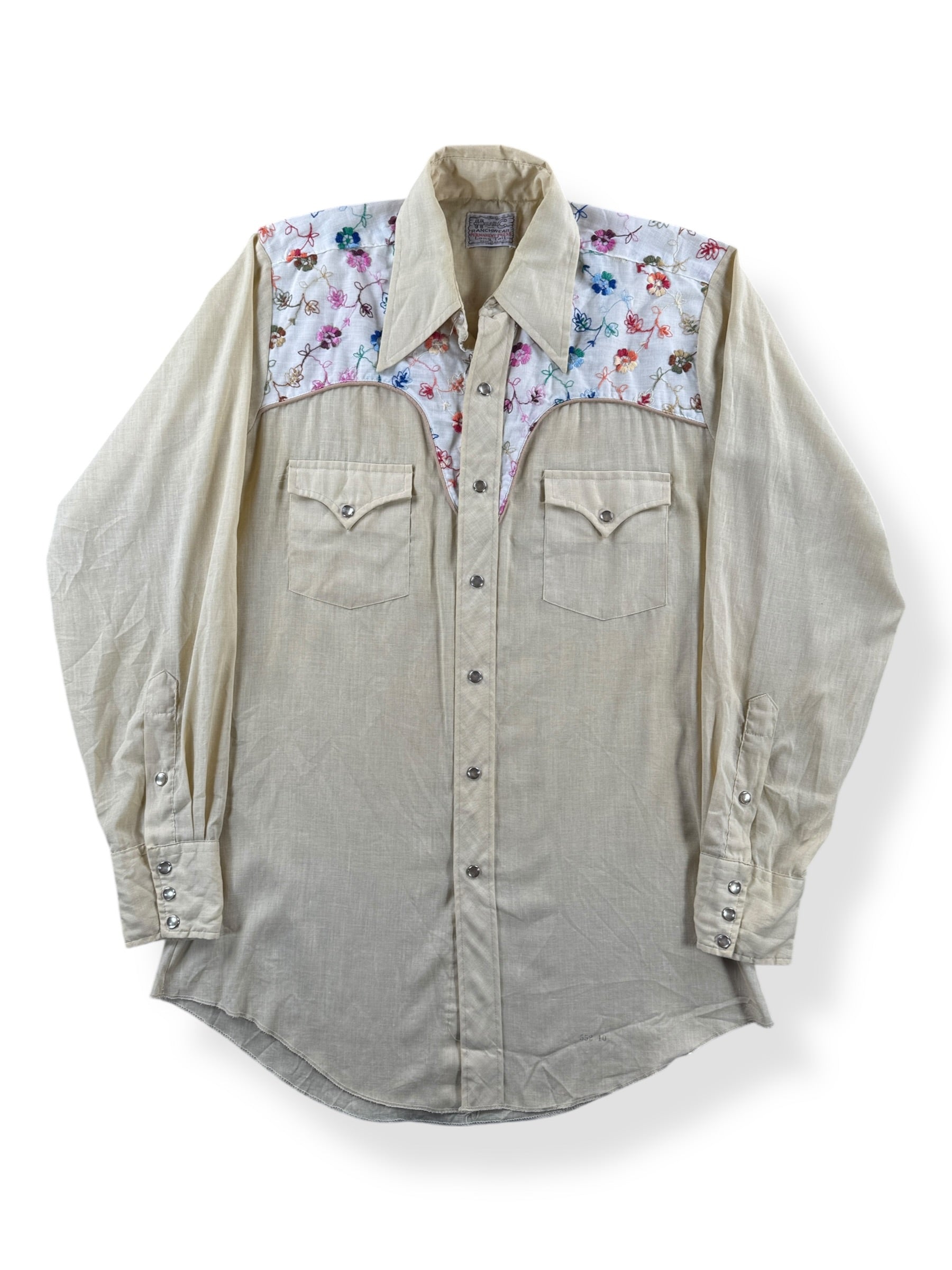 Front of Vintage H Bar C Floral Embroidered Pearl Snap Shirt SZ M