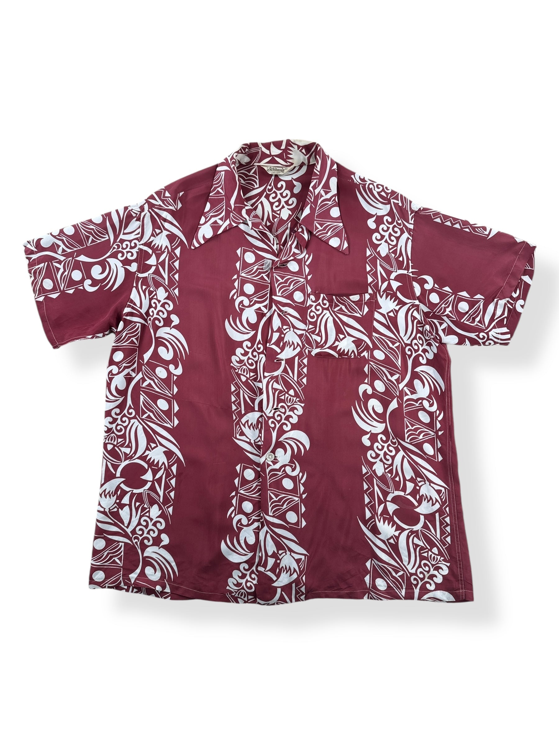 Front of Vintage Made in California Border Print Aloha Shirt SZ L AS IS