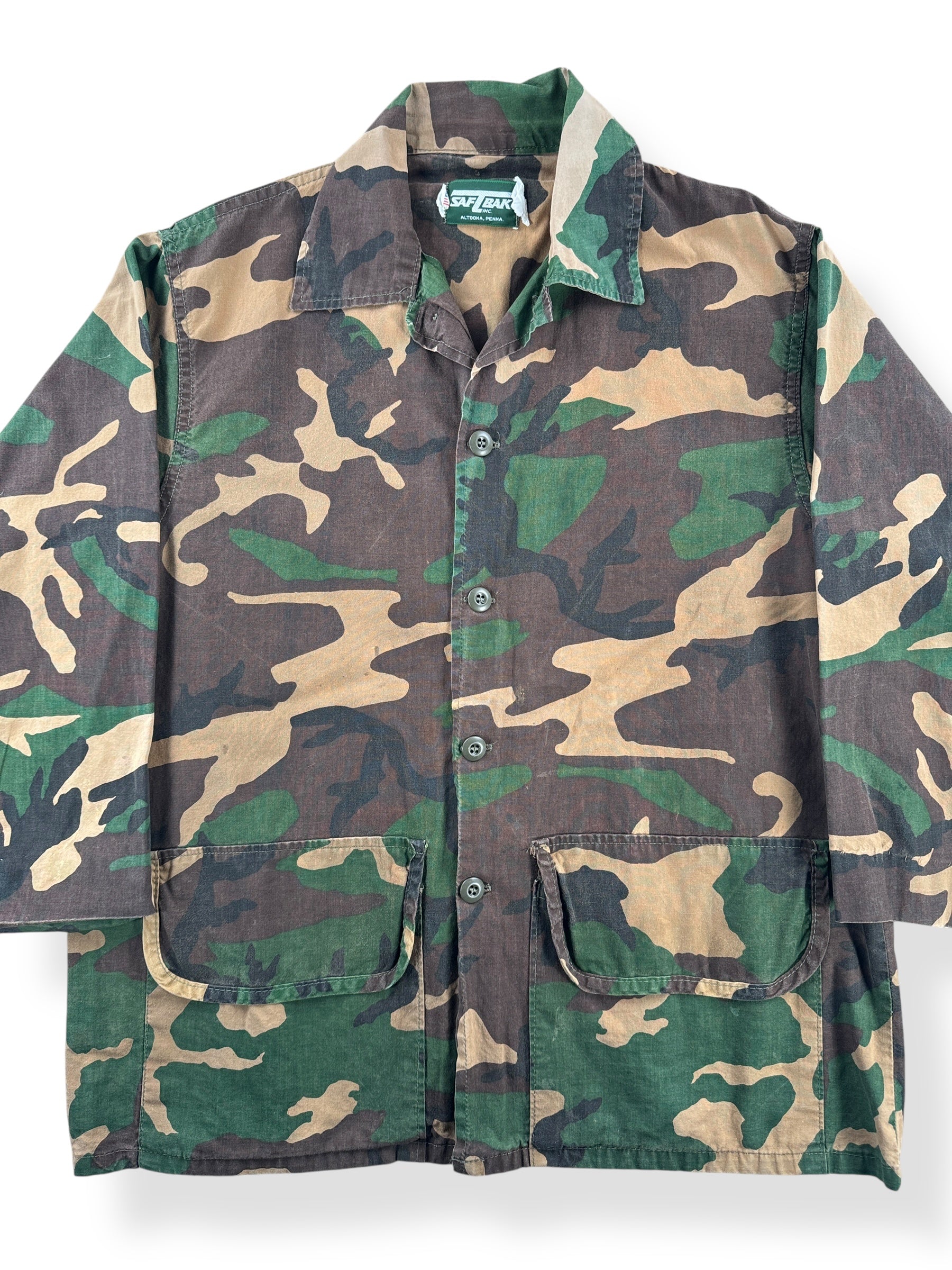 Front Close Up of Vintage SafeTBak Camo Chore SZ XL