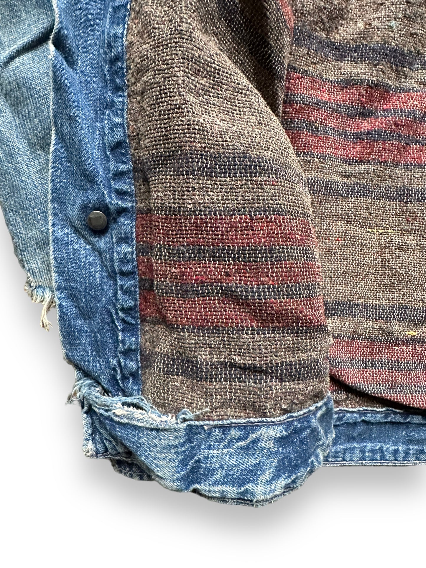 Busted Stitches at Base of Hem on Vintage Sears Blanket Lined Denim Chore Coat SZ L | Vintage Denim Chore Coat | Barn Owl Vintage Seattle