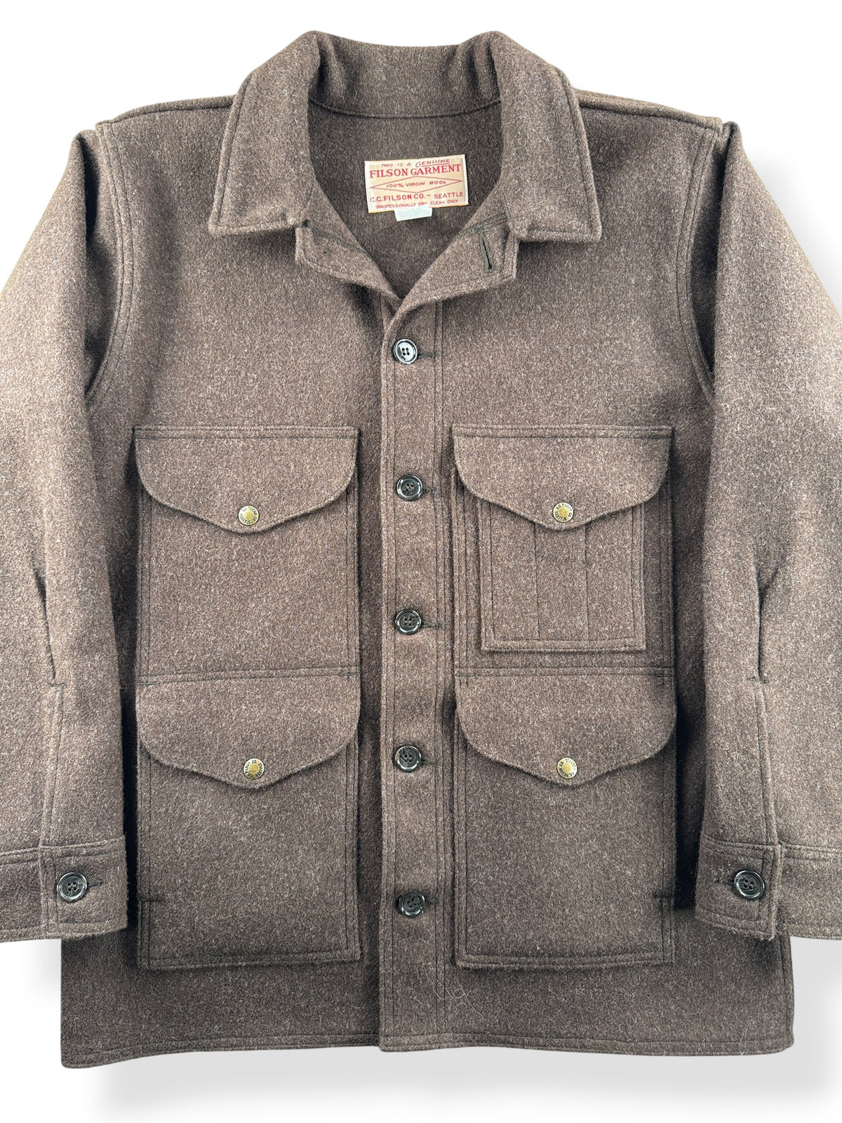 Close-up of Filson Mackinaw Brown Wool Cruiser SZ 38
