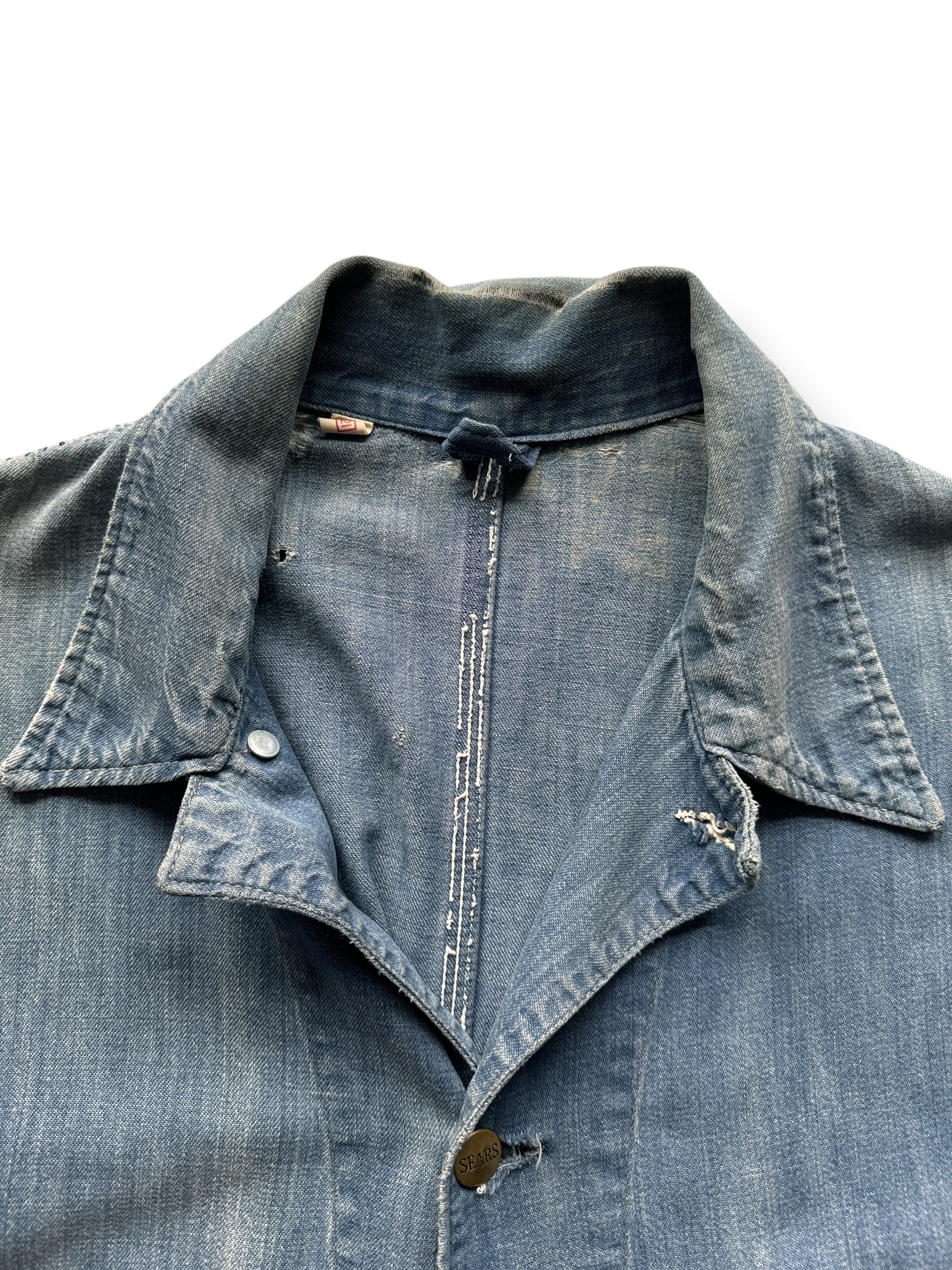 Collar on Vintage Sears Distressed Unlined Denim Chore Jacket SZ 42 AS IS