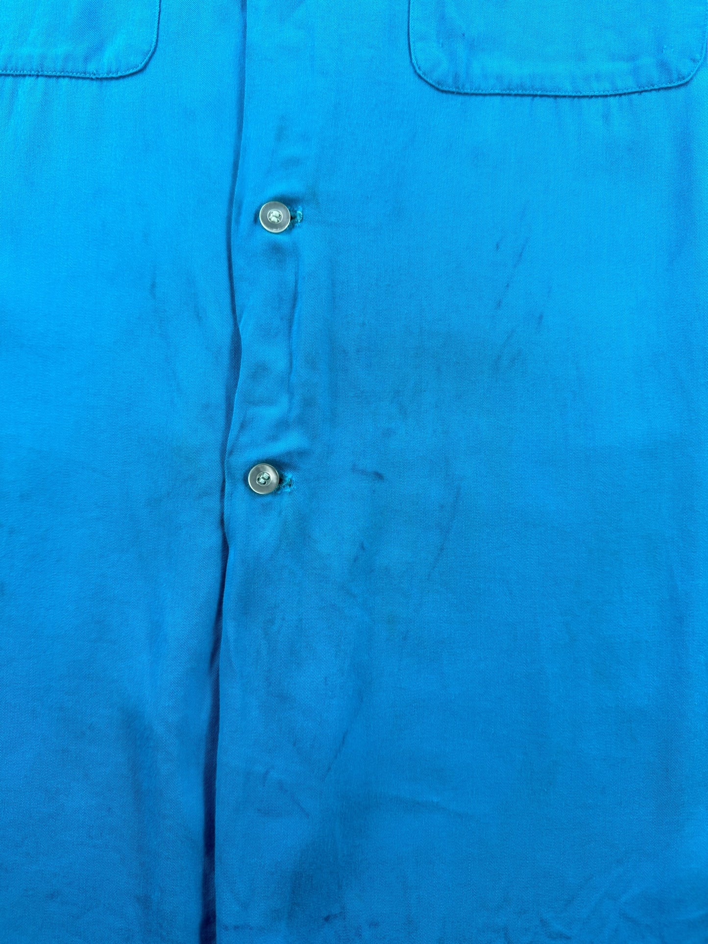 Wear on Vintage Johnson Motors Ephrata WA Bowling Shirt SZ M