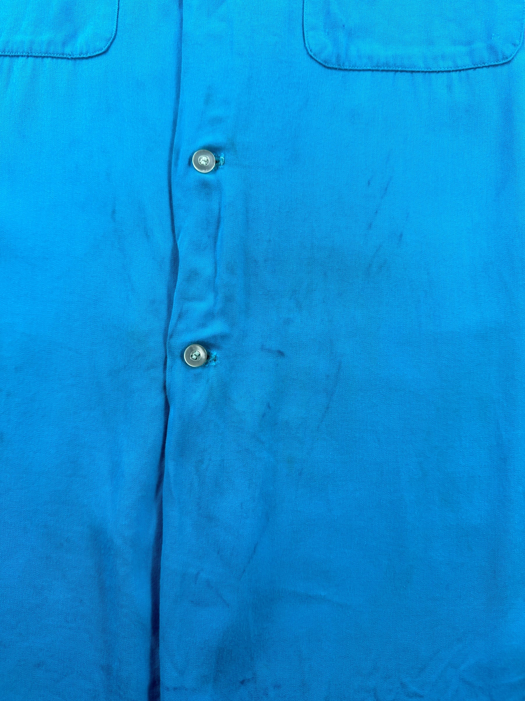 Wear on Vintage Johnson Motors Ephrata WA Bowling Shirt SZ M