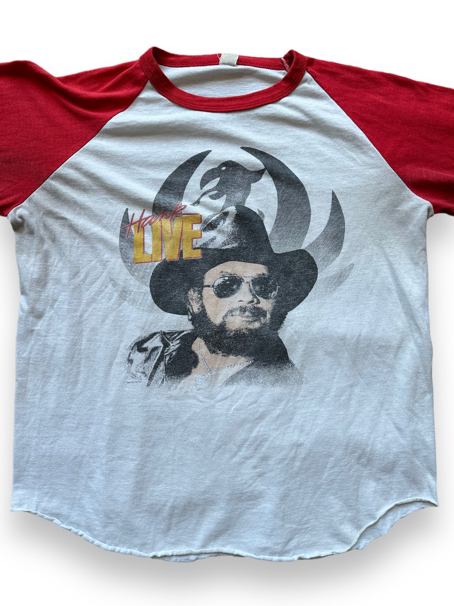 Front Detail on Vintage Hank Williams Jr Bocephus Raglan Tee SZ L | Vintage Country Music Tees Seattle | Barn Owl Vintage Goods