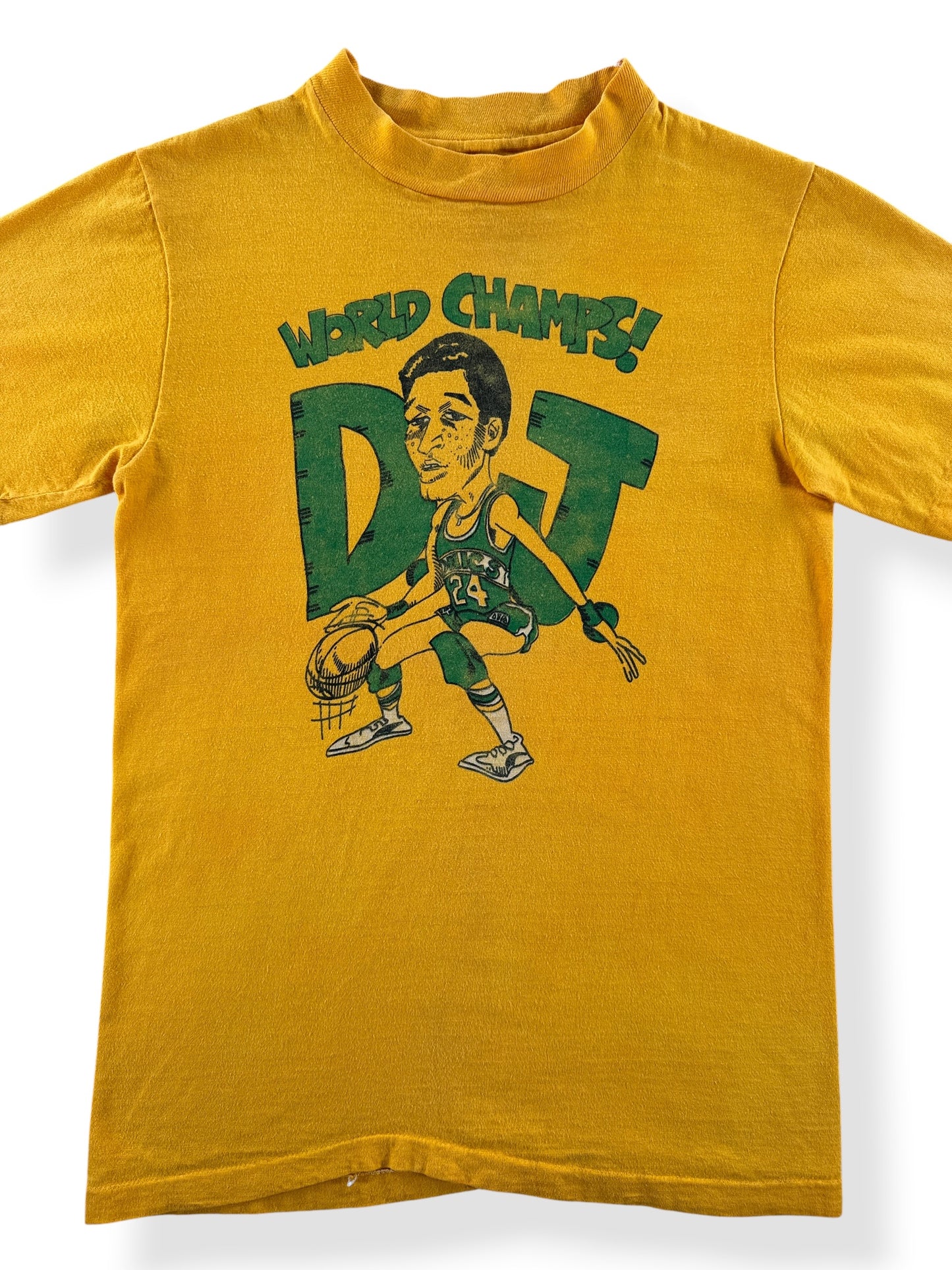 Front Close Up of Vintage Super Sonics World Champs Dennis Johnson Tee SZ S (Fits XS)