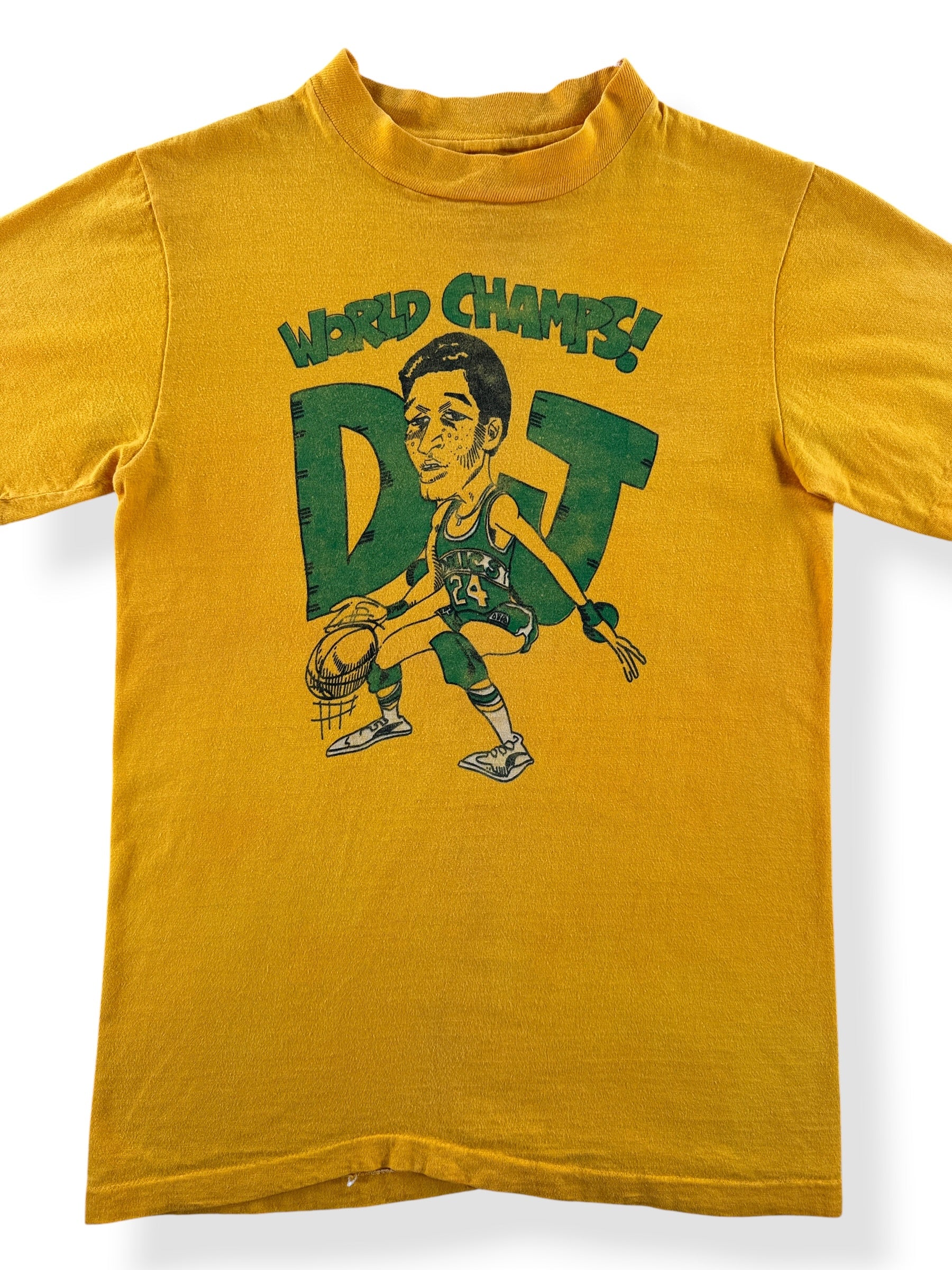 Front Close Up of Vintage Super Sonics World Champs Dennis Johnson Tee SZ S (Fits XS)